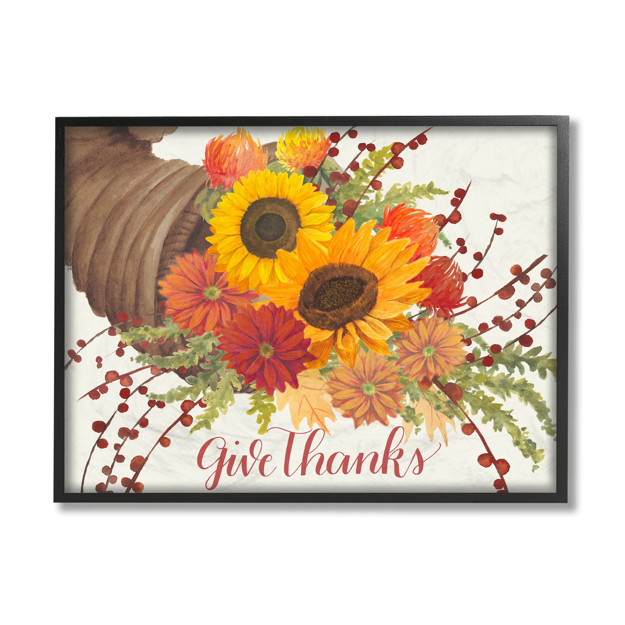 Stupell Industries Give Thanks Autumn Harvest Floral Cornucopia Black Framed Design by Grace Popp