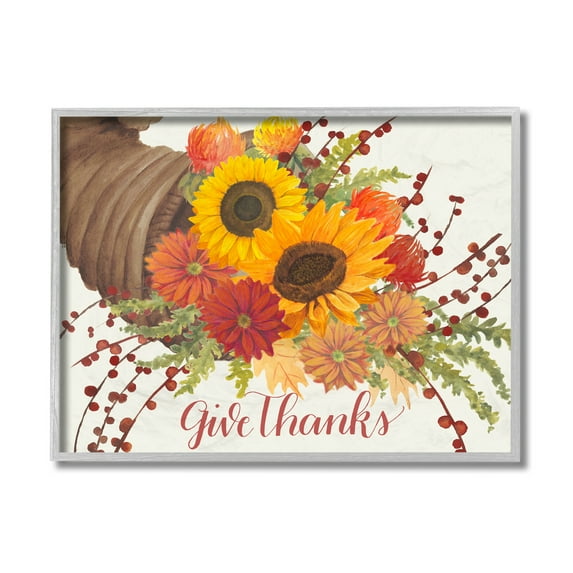 Stupell Industries Give Thanks Autumn Harvest Floral Cornucopia Graphic Art Gray Framed Art Print Wall Art, 16x20, by Grace Popp