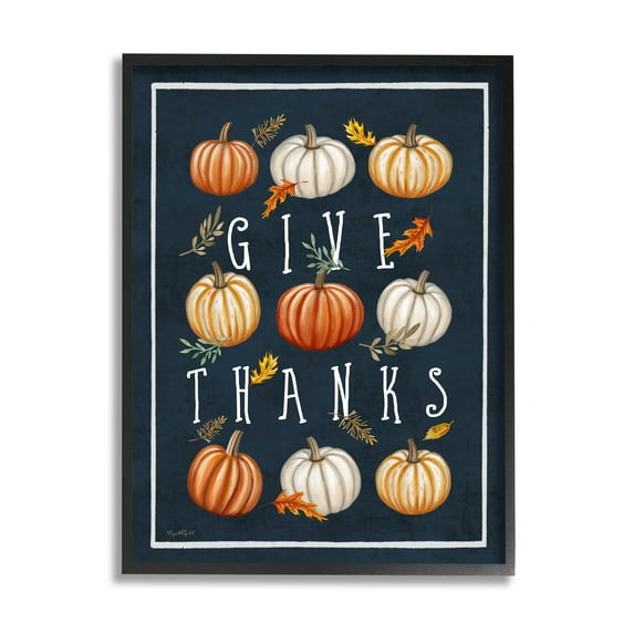Stupell Industries Give Thanks Autumn Pumpkins Graphic Art Black Framed Art Print Wall Art, Design by Elizabeth Tyndall
