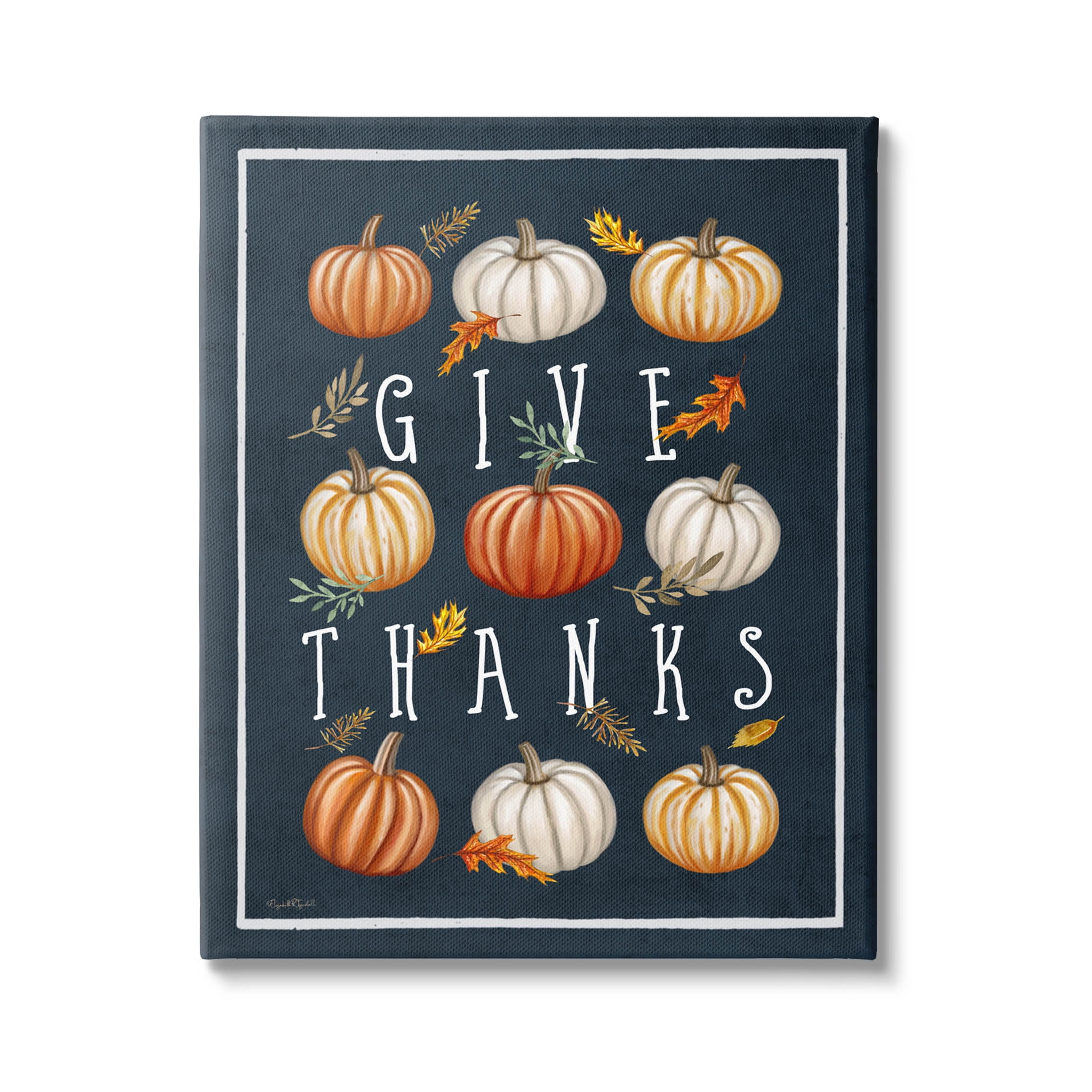 Stupell Industries Give Thanks Autumn Pumpkins Graphic Art Gallery Wrapped Canvas Print Wall Art, Design by Elizabeth Tyndall