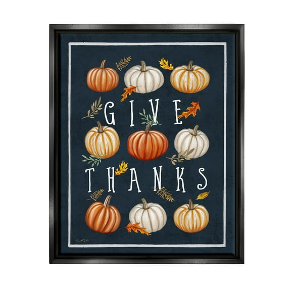 Stupell Industries Give Thanks Autumn Pumpkins Graphic Art Jet Black Floating Framed Canvas Print Wall Art, Design by Elizabeth Tyndall