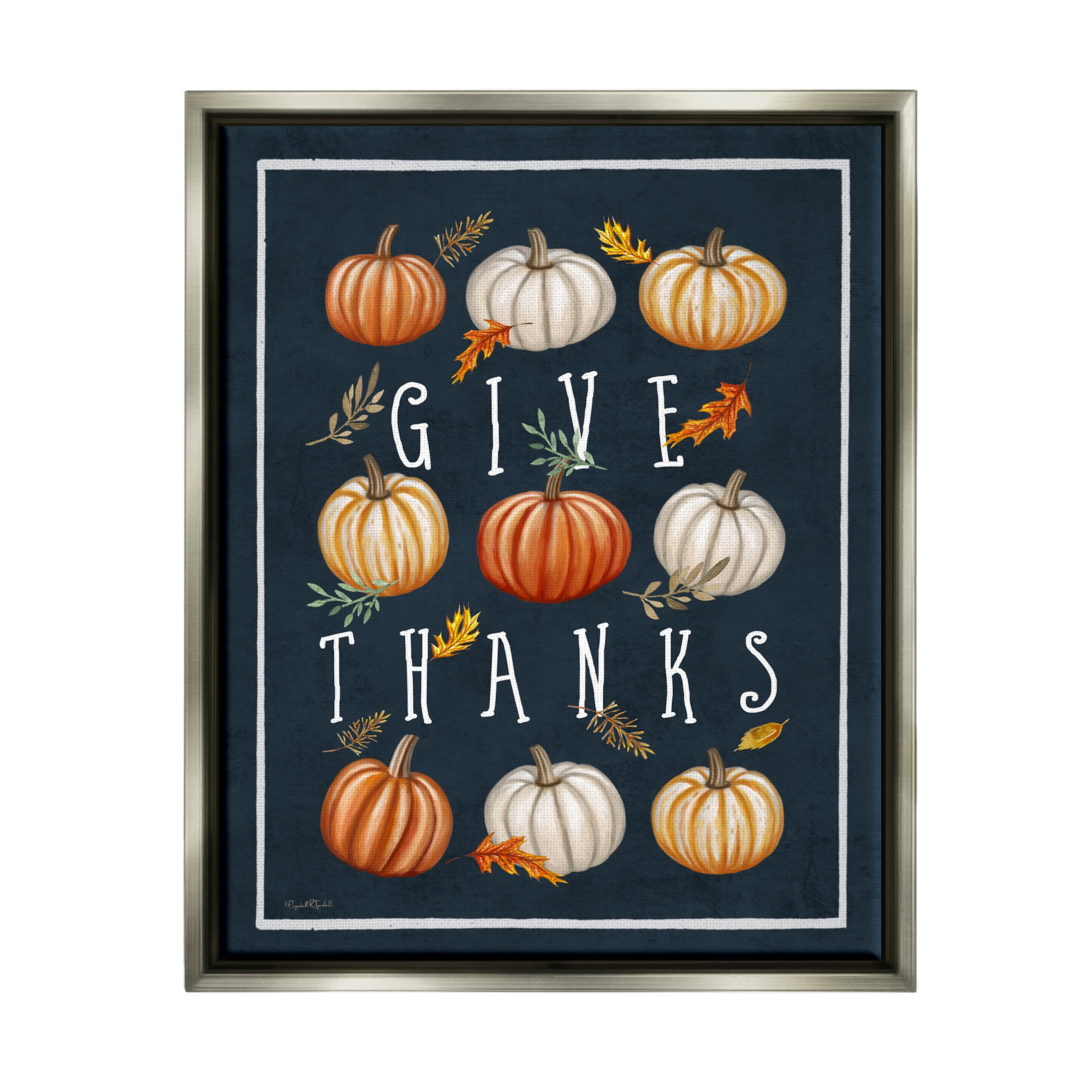 Stupell Industries Give Thanks Autumn Pumpkins Graphic Art Luster Gray Floating Framed Canvas Print Wall Art, Design by Elizabeth Tyndall