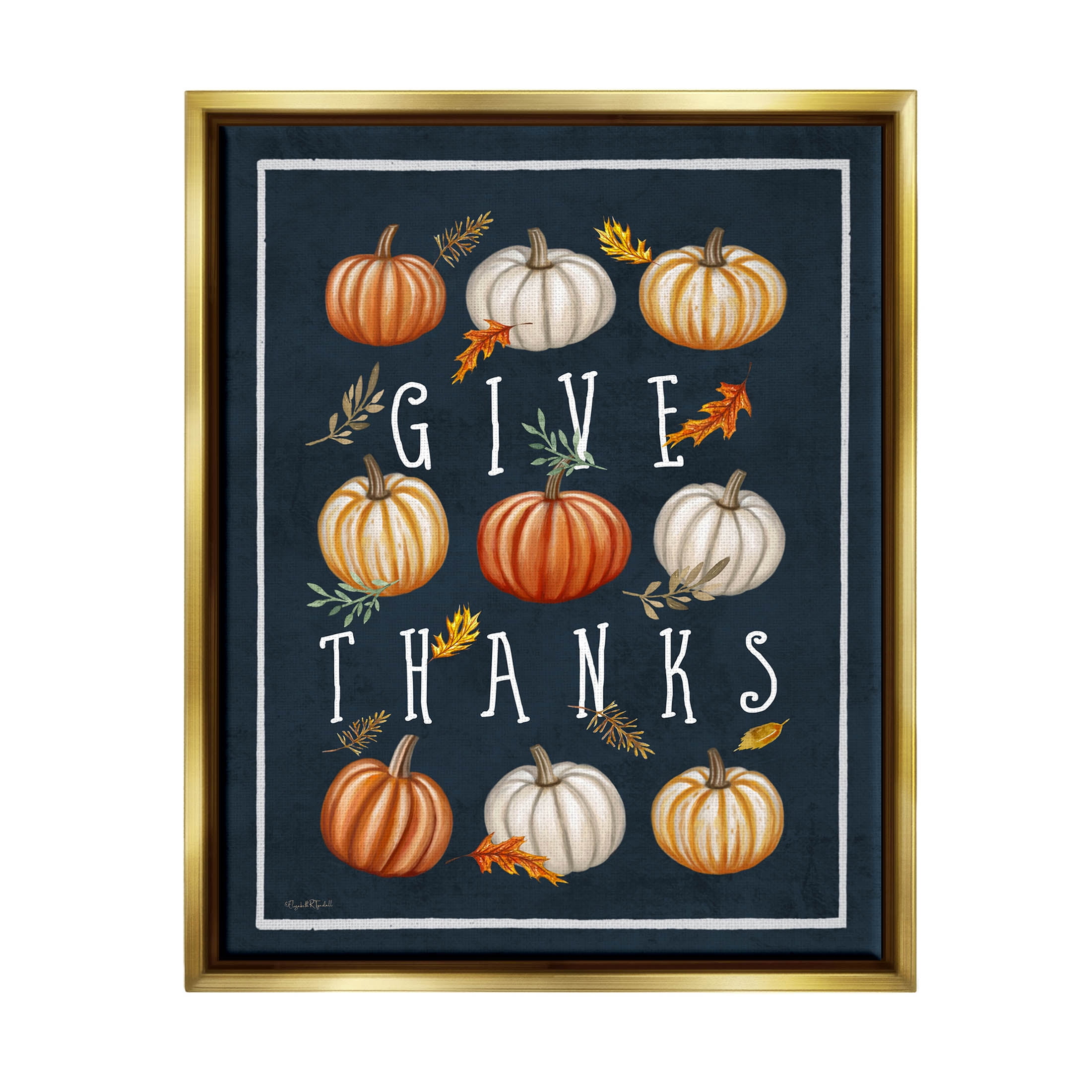 Stupell Industries Give Thanks Autumn Pumpkins Graphic Art Metallic Gold Floating Framed Canvas Print Wall Art, Design by Elizabeth Tyndall