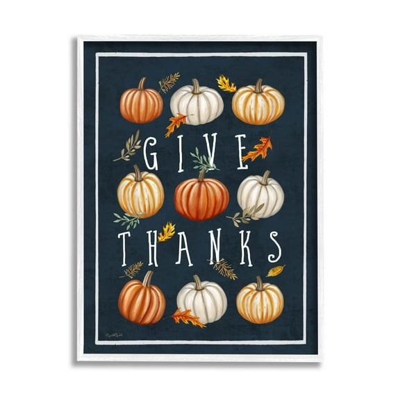 Stupell Industries Give Thanks Autumn Pumpkins Graphic Art White Framed Art Print Wall Art, Design by Elizabeth Tyndall