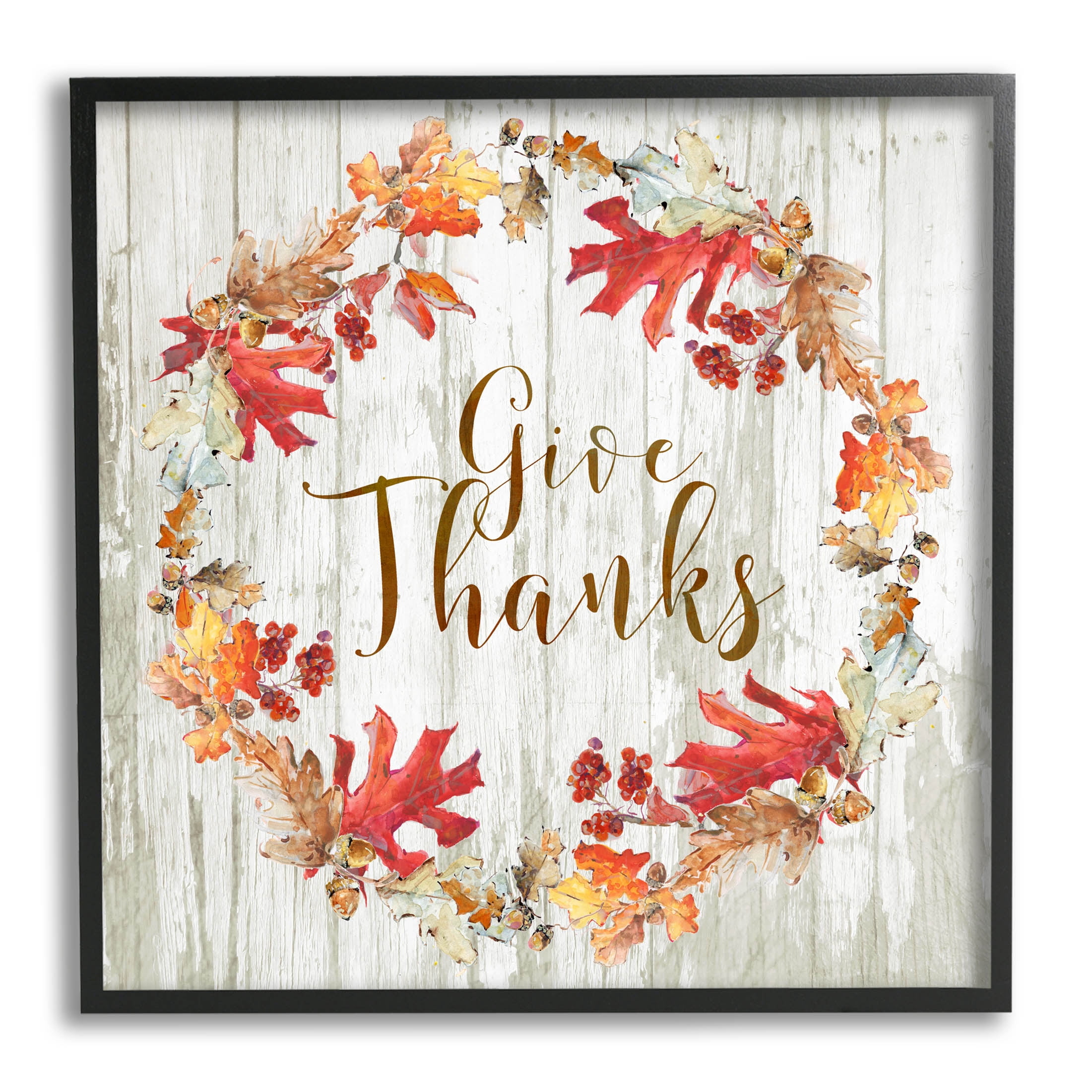 Stupell Industries Give Thanks Autumnal Wreath Graphic Art Black Framed Art Print Wall Art, Design by Sally Swatland