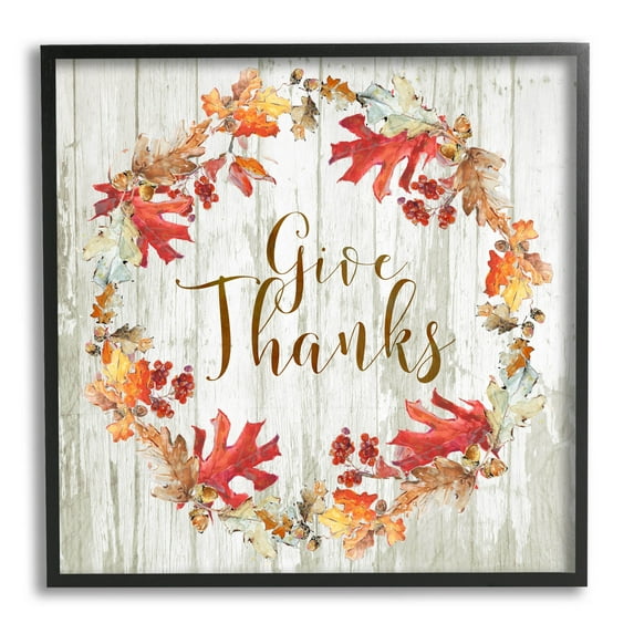 Stupell Industries Give Thanks Autumnal Wreath Graphic Art Black Framed Art Print Wall Art, Design by Sally Swatland