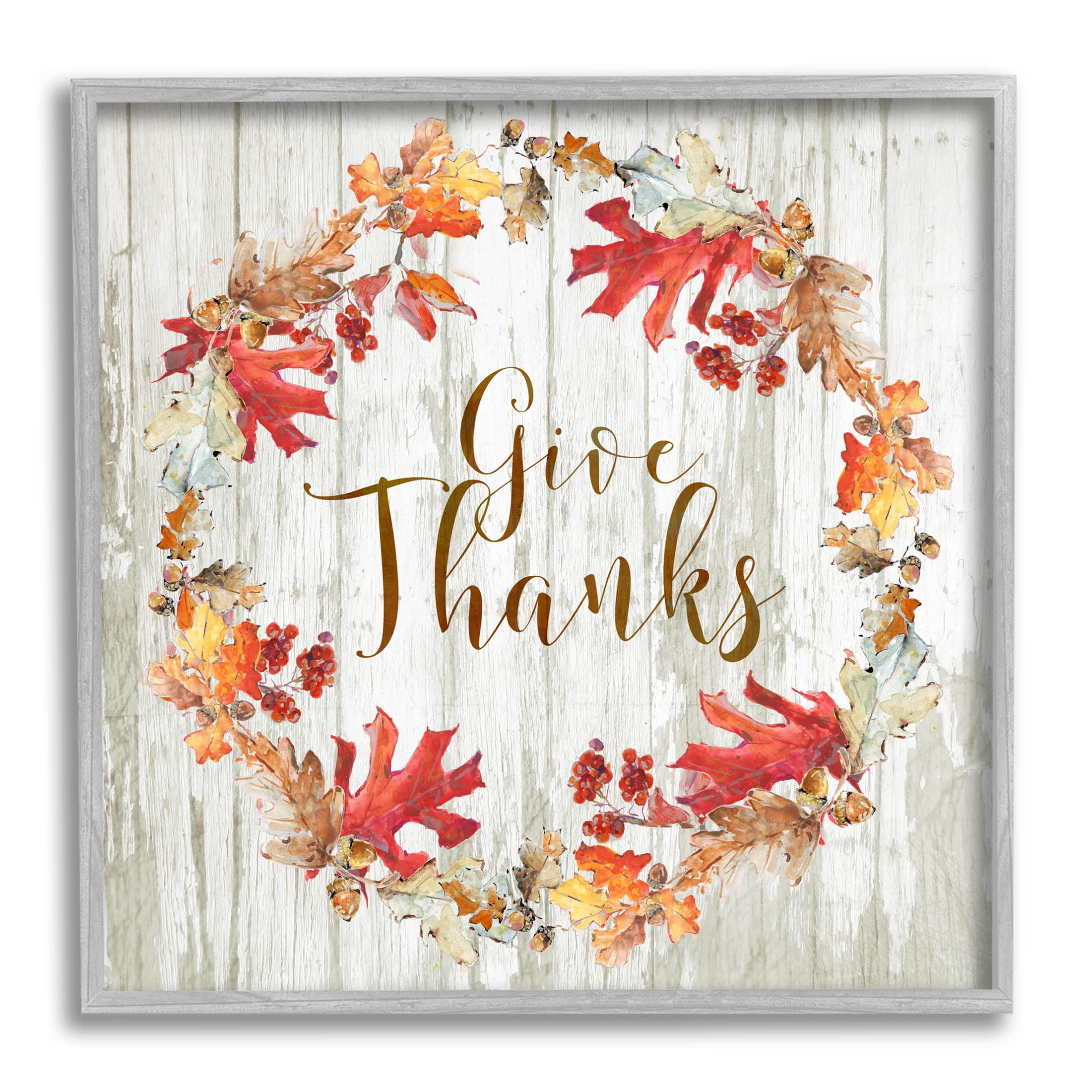 Stupell Industries Give Thanks Autumnal Wreath Graphic Art Gray Framed Art Print Wall Art, Design by Sally Swatland