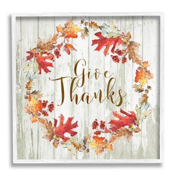 Stupell Industries Give Thanks Autumnal Wreath Graphic Art White Framed Art Print Wall Art, Design by Sally Swatland
