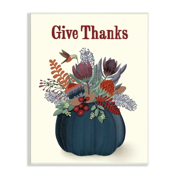 Stupell Industries Give Thanks Blue Autumn Harvest Pumpkin Tropical Florals, 10 x 15, Designed by Darlene Seale