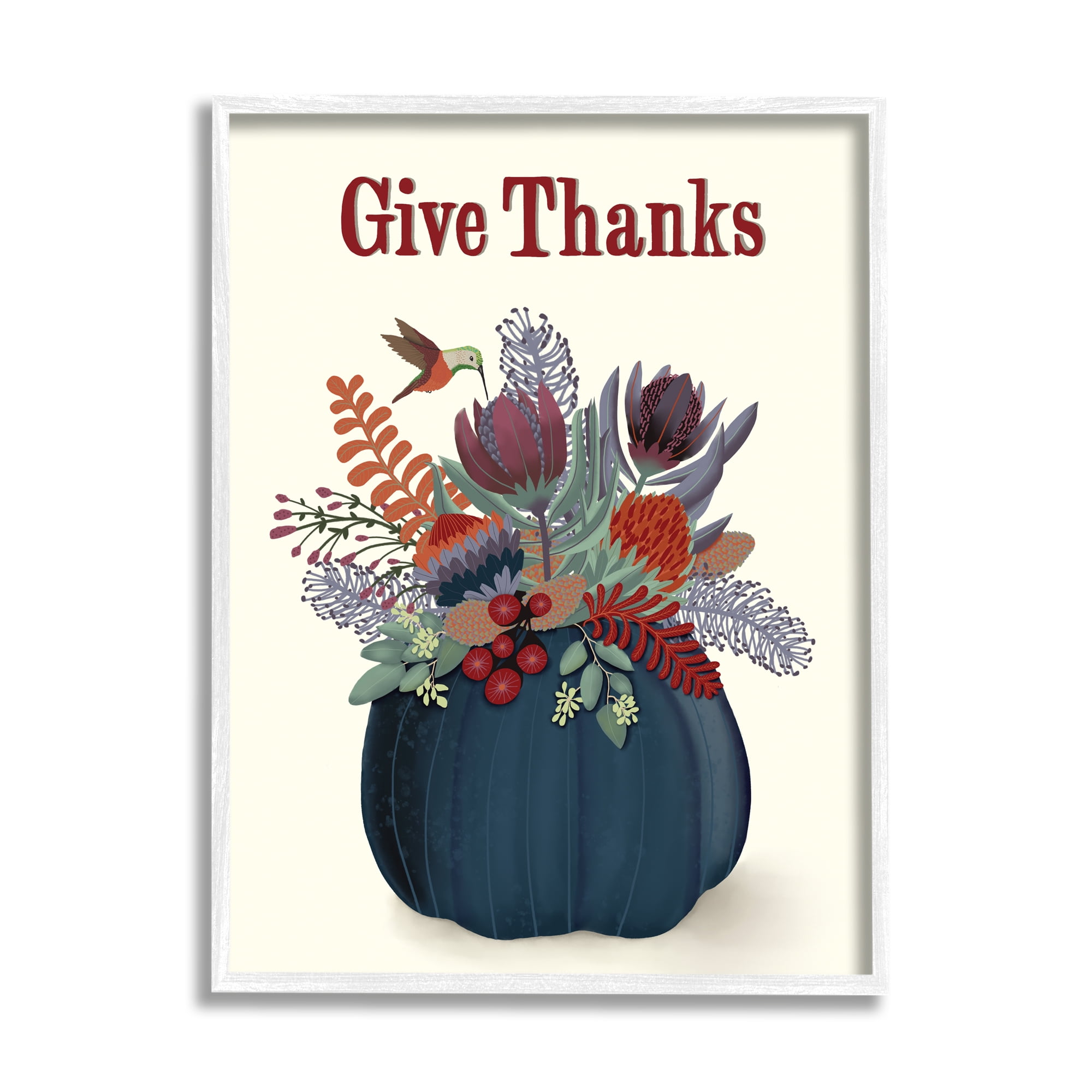 Stupell Industries Give Thanks Blue Autumn Harvest Pumpkin Tropical Florals Graphic Art White Framed Art Print Wall Art, 11x14, by Darlene Seale
