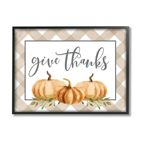 Stupell Industries Give Thanks Calligraphy Autumnal Tartan Pumpkin Border Graphic Art Black Framed Art Print Wall Art, Design by Lettered and Lined