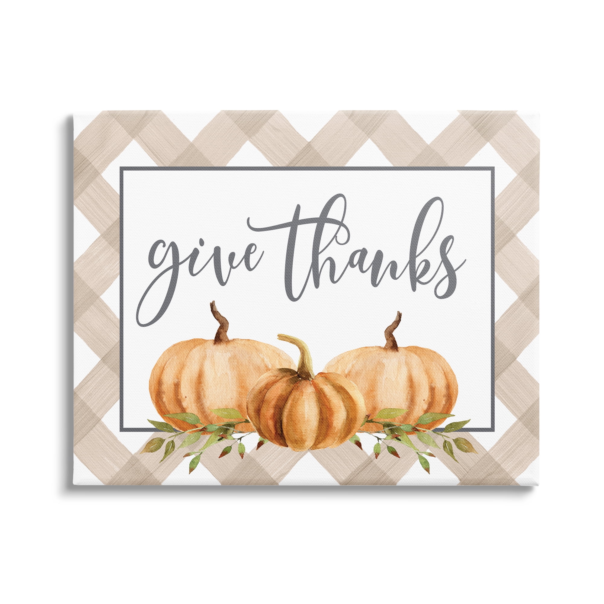 Stupell Industries Give Thanks Calligraphy Autumnal Tartan Pumpkin Border Graphic Art Gallery Wrapped Canvas Print Wall Art, Design by Lettered and Lined