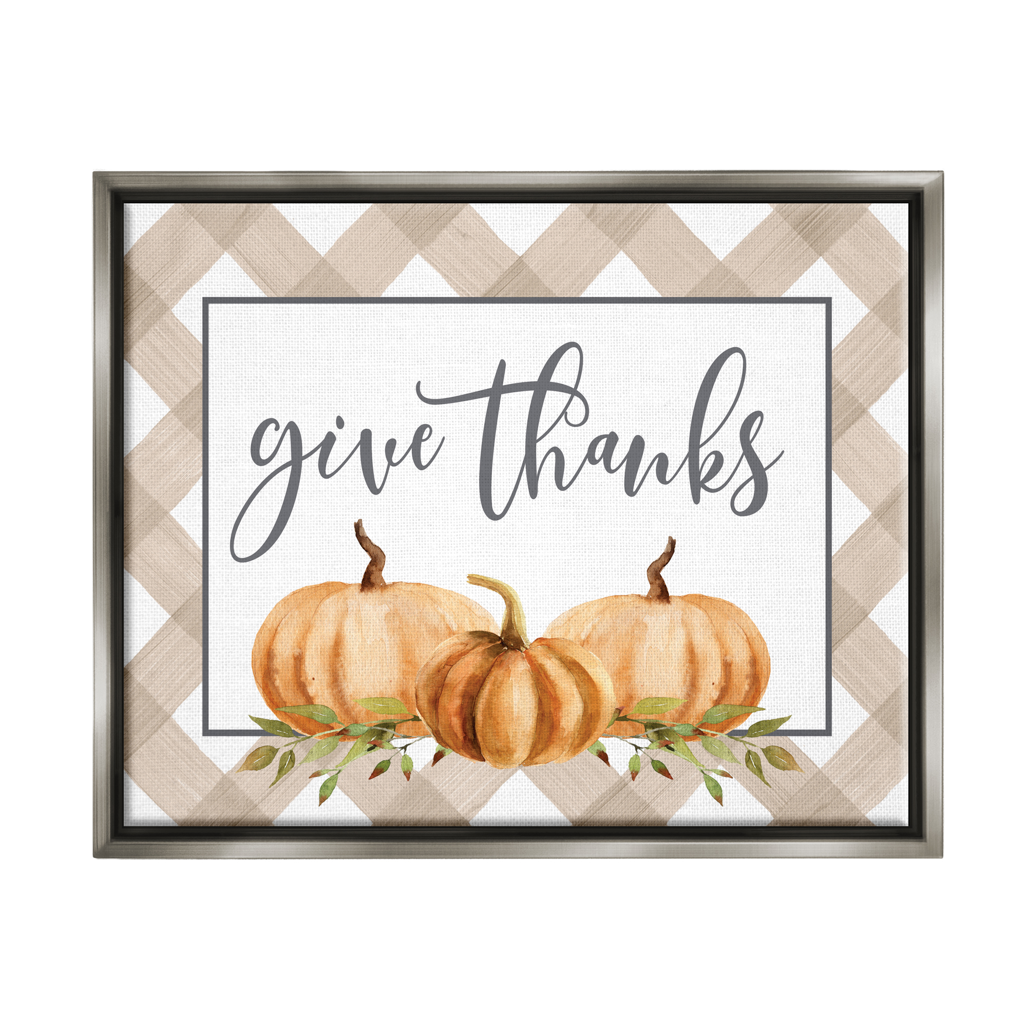 Stupell Industries Give Thanks Calligraphy Autumnal Tartan Pumpkin Border Graphic Art Luster Gray Floating Framed Canvas Print Wall Art, Design by Lettered and Lined