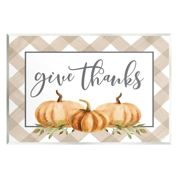 Stupell Industries Give Thanks Calligraphy Autumnal Tartan Pumpkin Border Graphic Art Unframed Art Print Wall Art, Design by Lettered and Lined