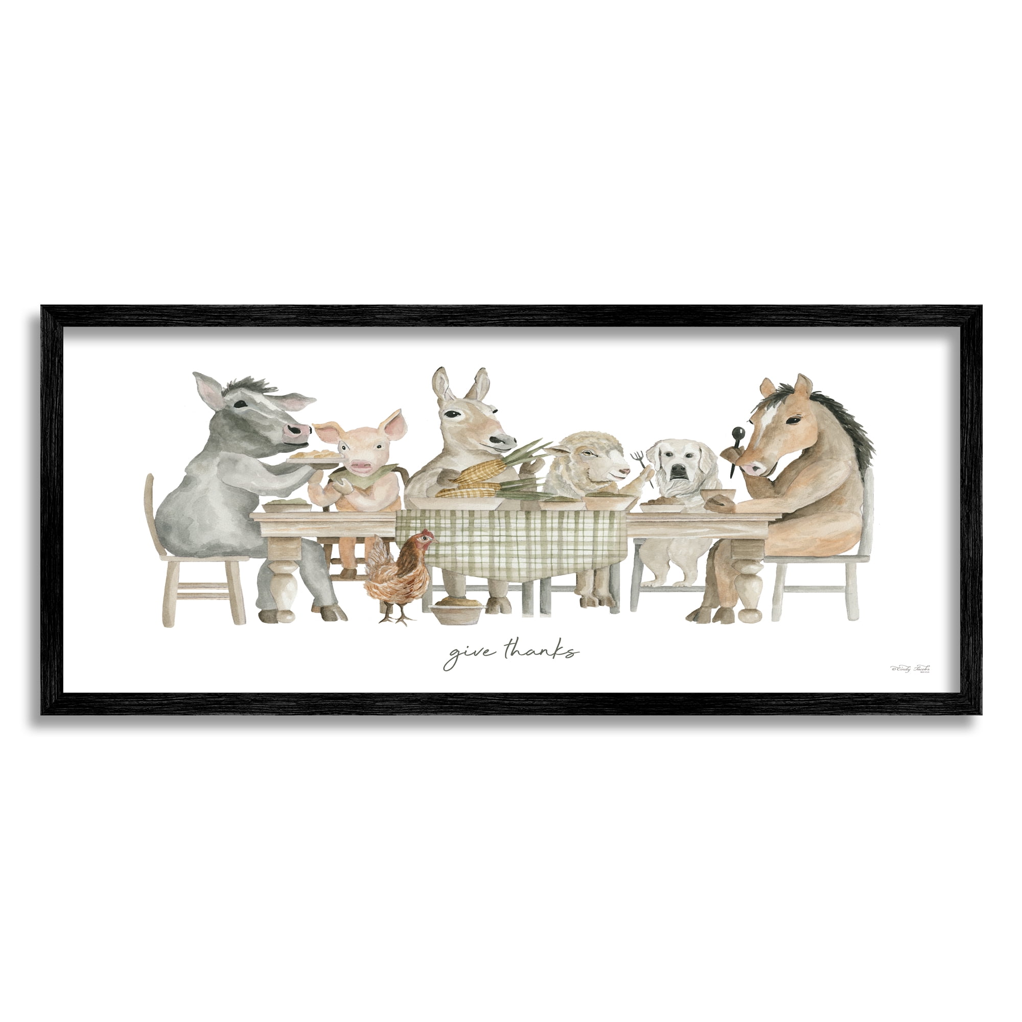 Stupell Industries Give Thanks Farmhouse Kitchen Animals & Insects Painting Black Framed Art Print Wall Art, 30 x 13