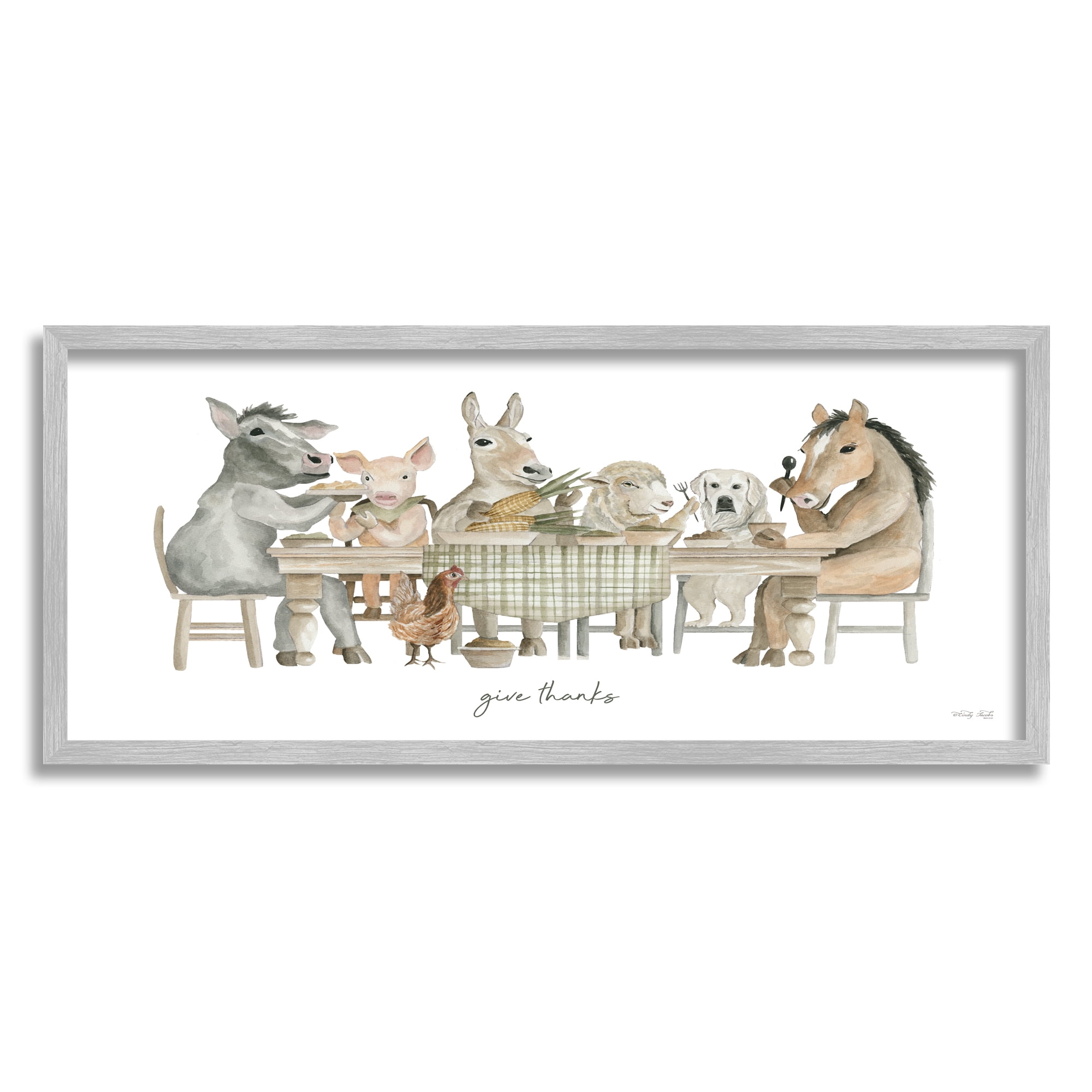 Stupell Industries Give Thanks Farmhouse Kitchen Animals & Insects Painting Gray Framed Art Print Wall Art, 30 x 13