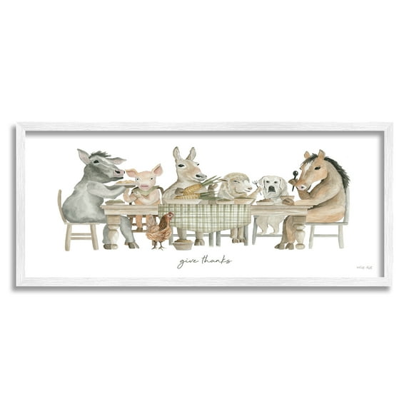Stupell Industries Give Thanks Farmhouse Kitchen Animals & Insects Painting White Framed Art Print Wall Art, 30 x 13