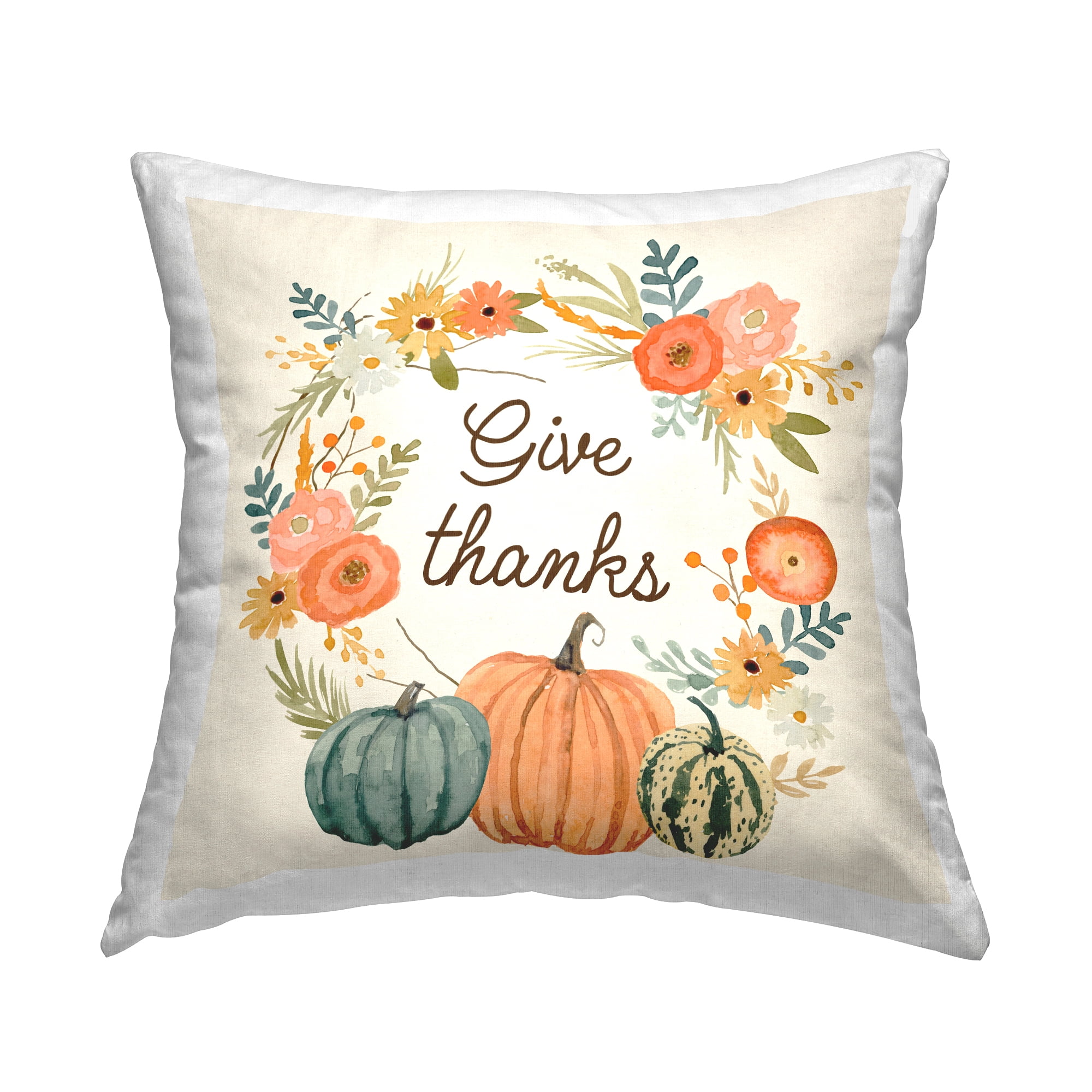 Stupell Industries Give Thanks Orange Pumpkin Flower Wreath Sentiment Design by Victoria Barnes Throw Pillow