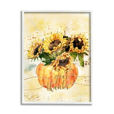 Stupell Industries Give Thanks Phrase Orange Pumpkin Sunflower Floral Burst, 16 x 20,Design by Ziwei Li