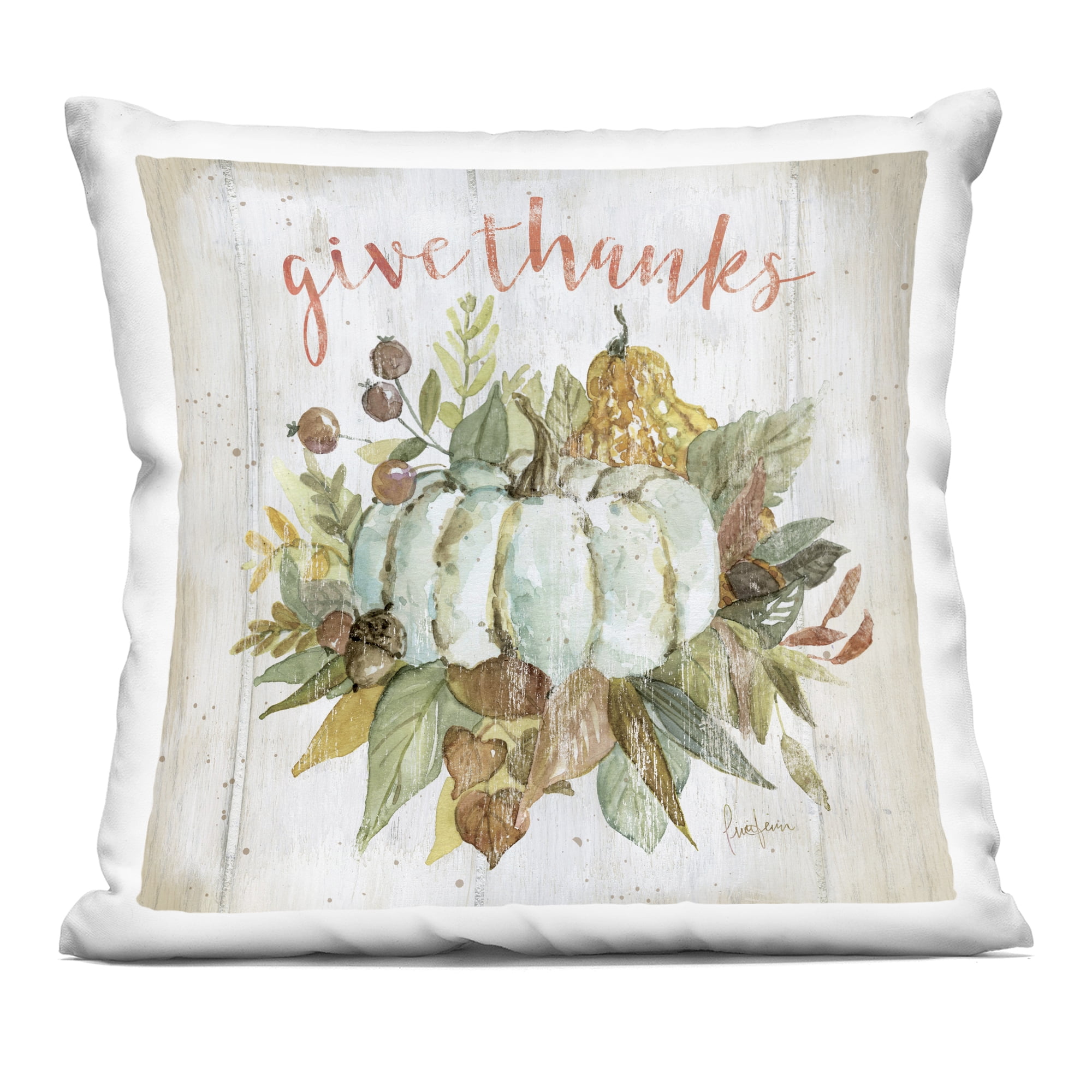 Stupell Industries Give Thanks Pumpkin & Leaves Decorative Printed Throw Pillow, design by Livi and Finn