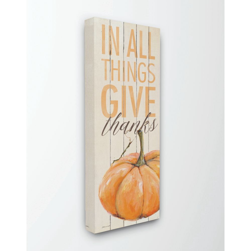 Stupell Industries Give Thanks Pumpkin Rustic Farm Fall Wood Textured Word Design Canvas Wall Art by Stephanie Workman Marrott