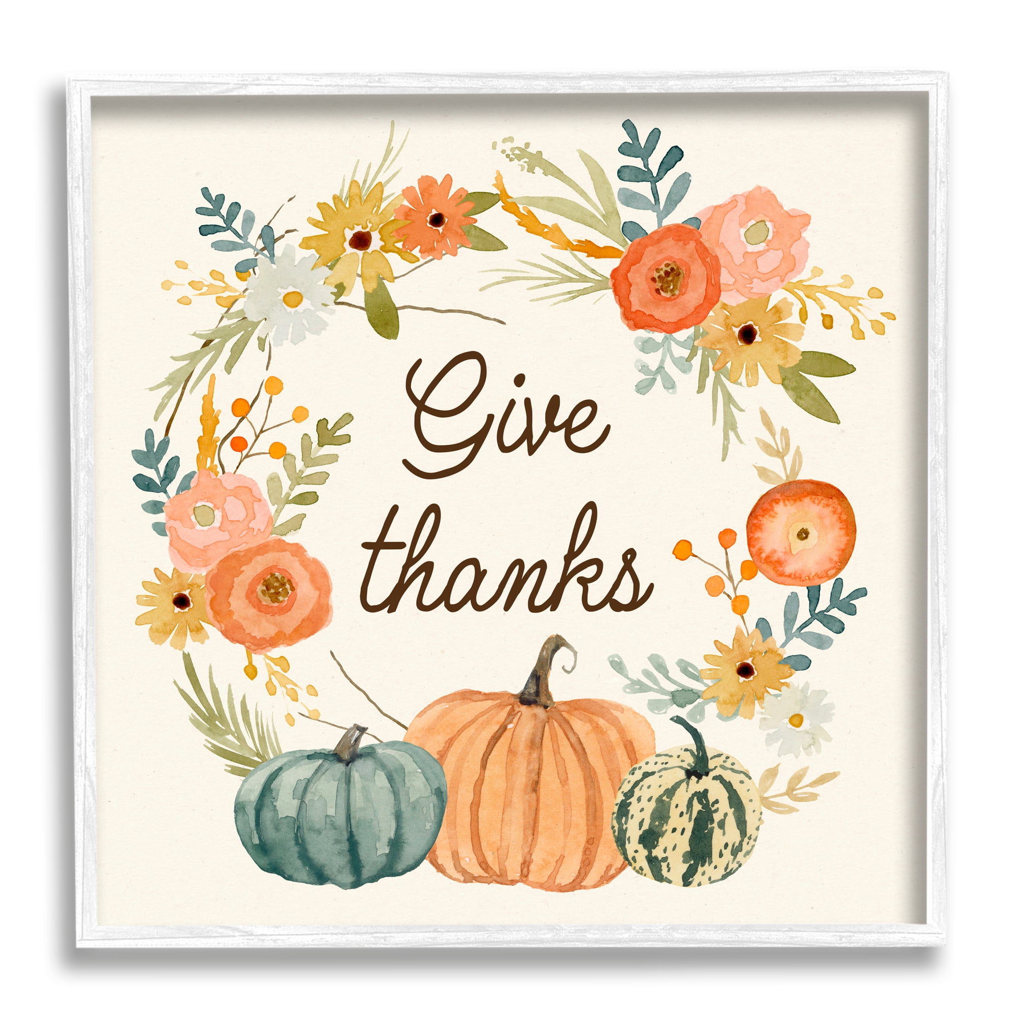 Stupell Industries Give Thanks Sentiments Orange Floral Pumpkin Wreath, 12 x 12, Design by Victoria Barnes