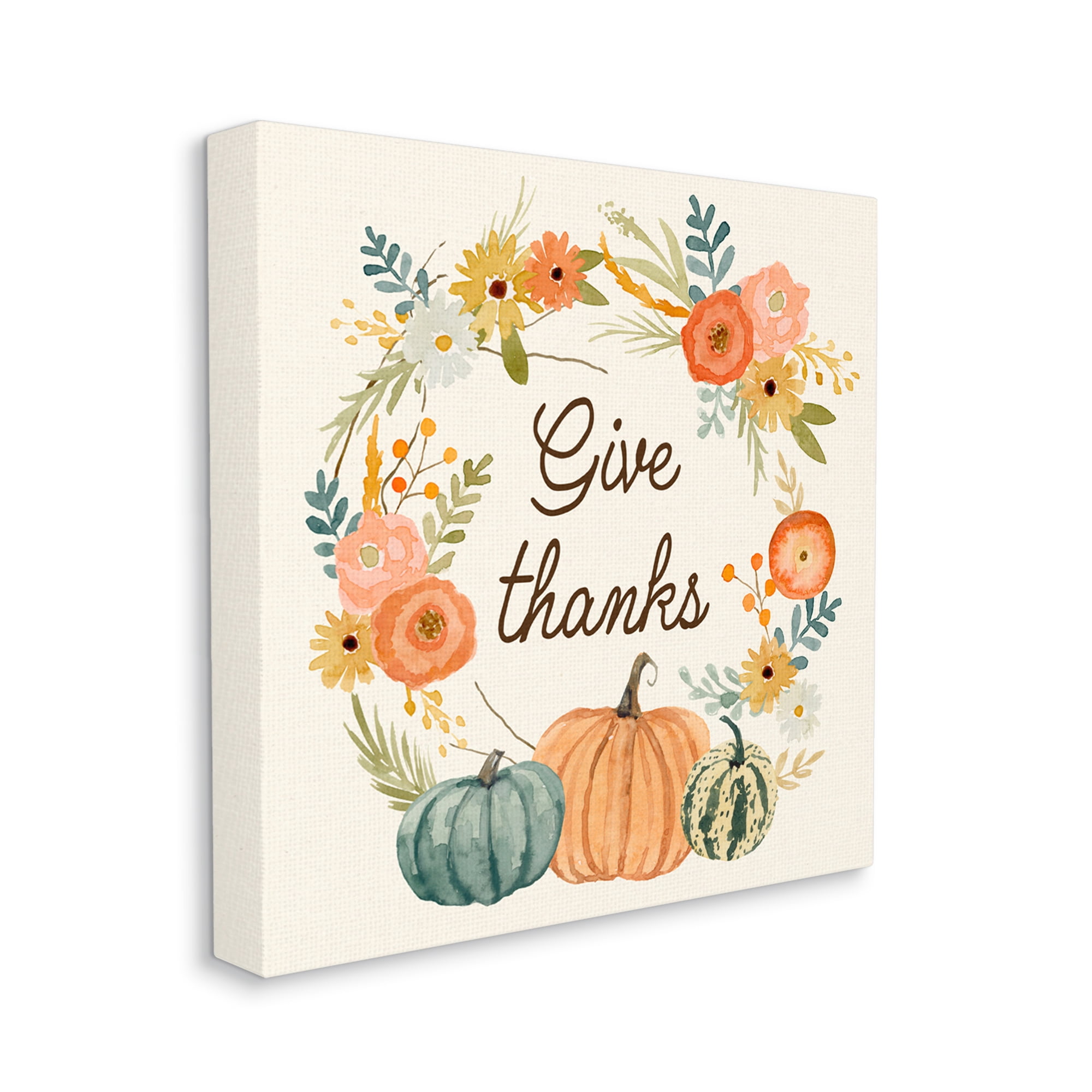 Stupell Industries Give Thanks Sentiments Orange Floral Pumpkin Wreath Inspirational Painting Gallery Wrapped Canvas Print Wall Art, 36 x 36