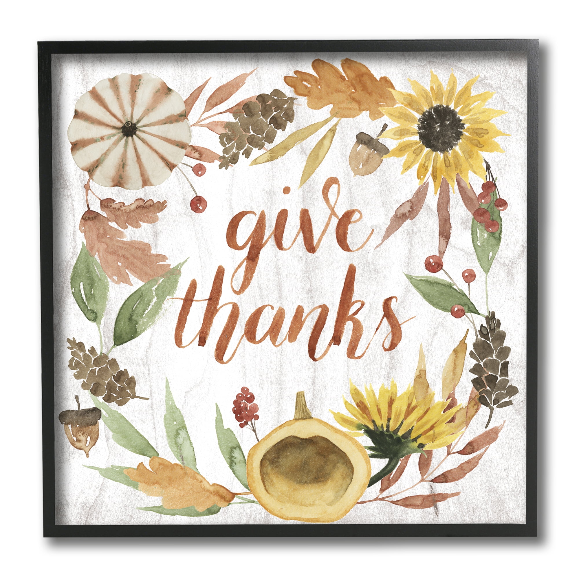 Stupell Industries Give Thanks Whimsical Typography Harvest Foliage Inspirational Painting Black Framed Art Print Wall Art, 12 x 12