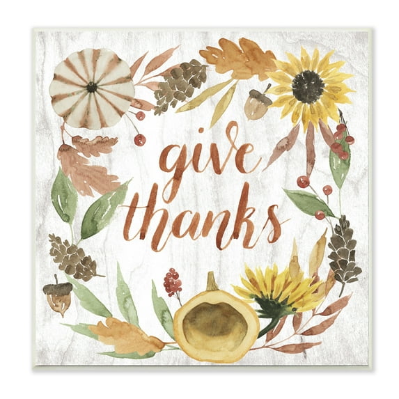 Stupell Industries Give Thanks Whimsical Typography Harvest Foliage Inspirational Painting Unframed Art Print Wall Art, 12 x 12