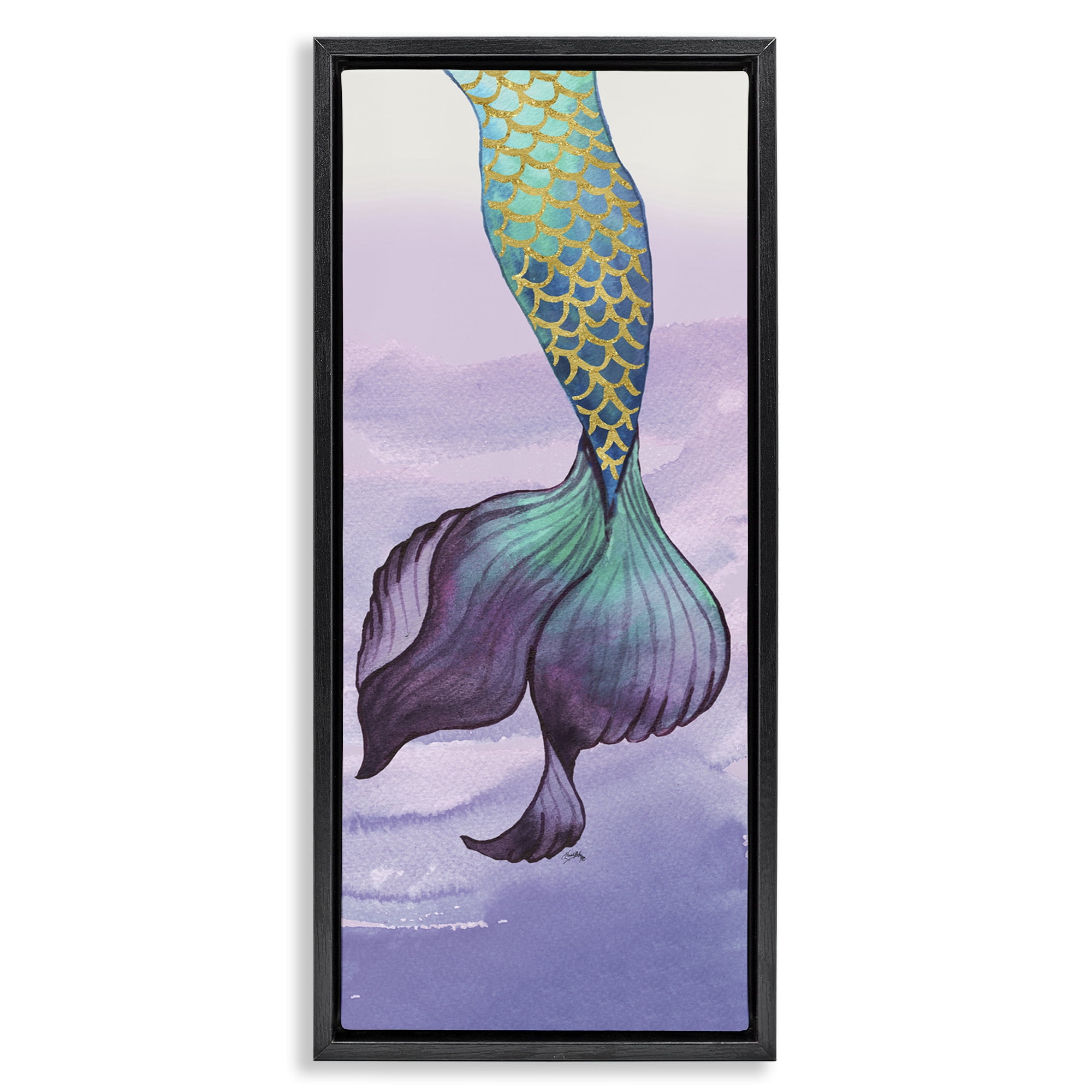 Stupell Industries Glam Accent Mermaid Tail Fairy Tales & Fantasy Painting Black Floater Framed Art Print Wall Art, 11 x 25