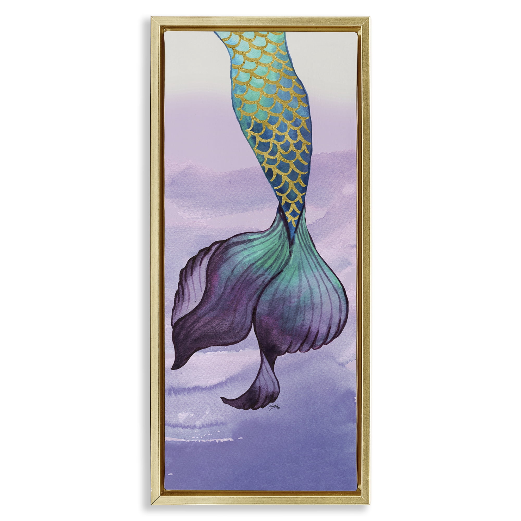 Stupell Industries Glam Accent Mermaid Tail Fairy Tales & Fantasy Painting Gold Floater Framed Art Print Wall Art, 15 x 31