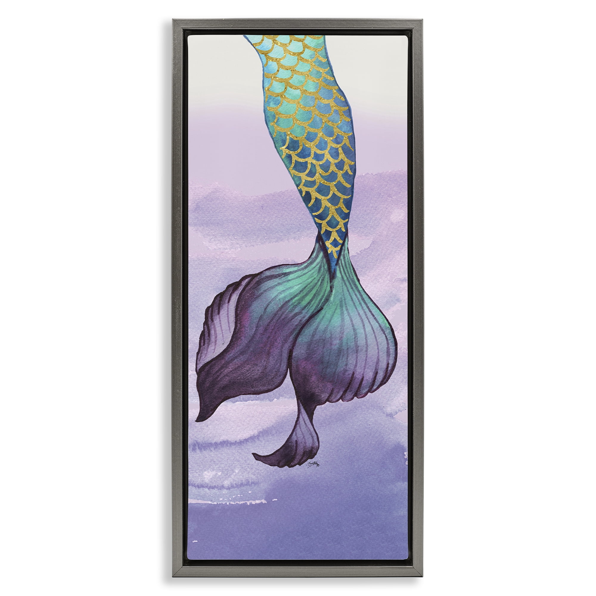 Stupell Industries Glam Accent Mermaid Tail Fairy Tales & Fantasy Painting Gray Floater Framed Art Print Wall Art, 15 x 31