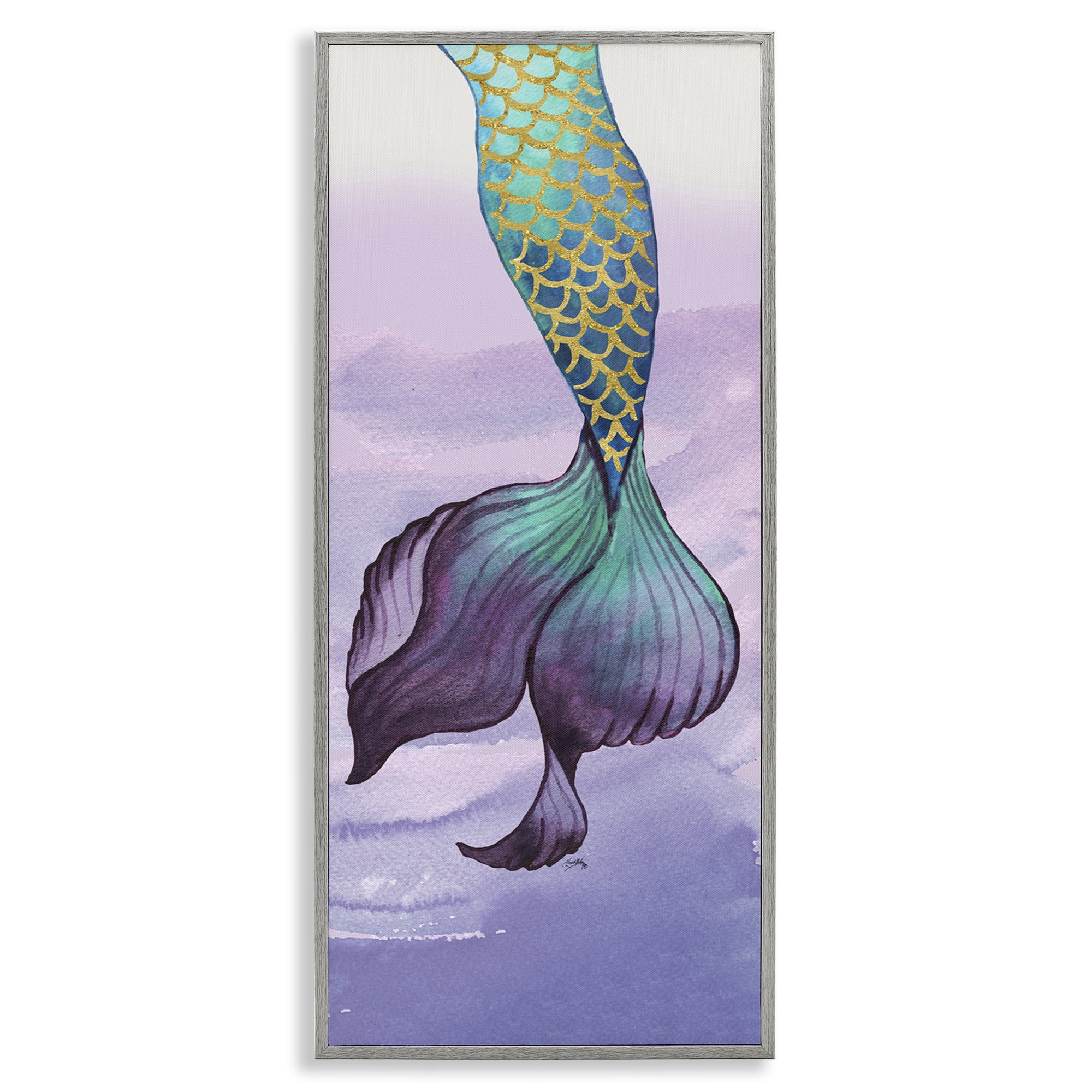 Stupell Industries Glam Accent Mermaid Tail Fairy Tales & Fantasy Painting Gray Framed Art Print Wall Art, 10 x 24