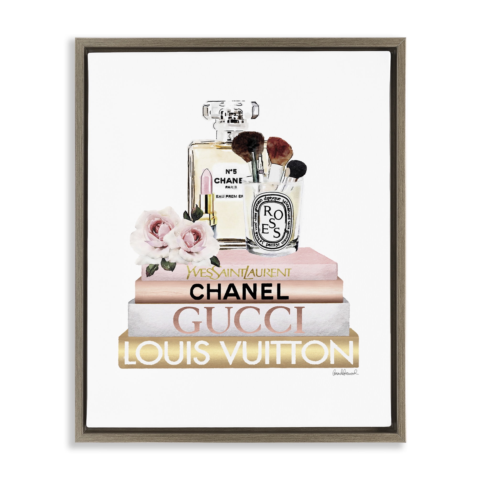 Stupell Industries Glam Beauty Essentials Beauty & Fashion Painting Brown Floater Framed Canvas Art Print Wall Art, 25 x 31