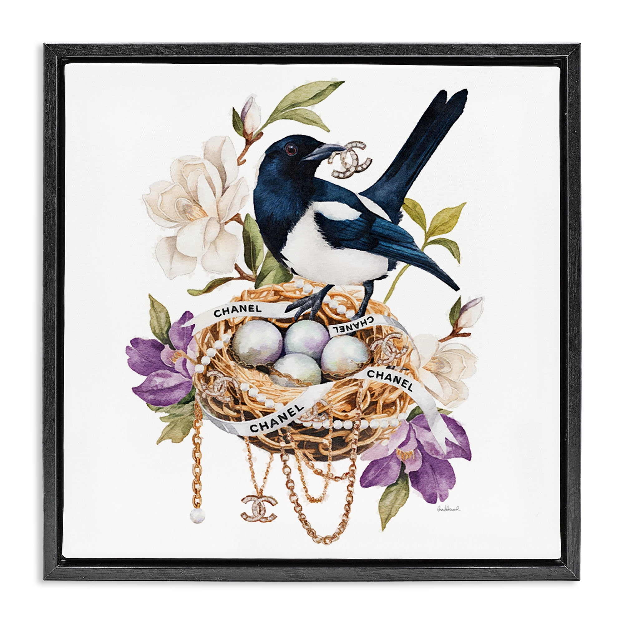 Stupell Industries Glam Birds Nest Magnolia Black Framed Floater Canvas Wall Art, design by Amanda Greenwood