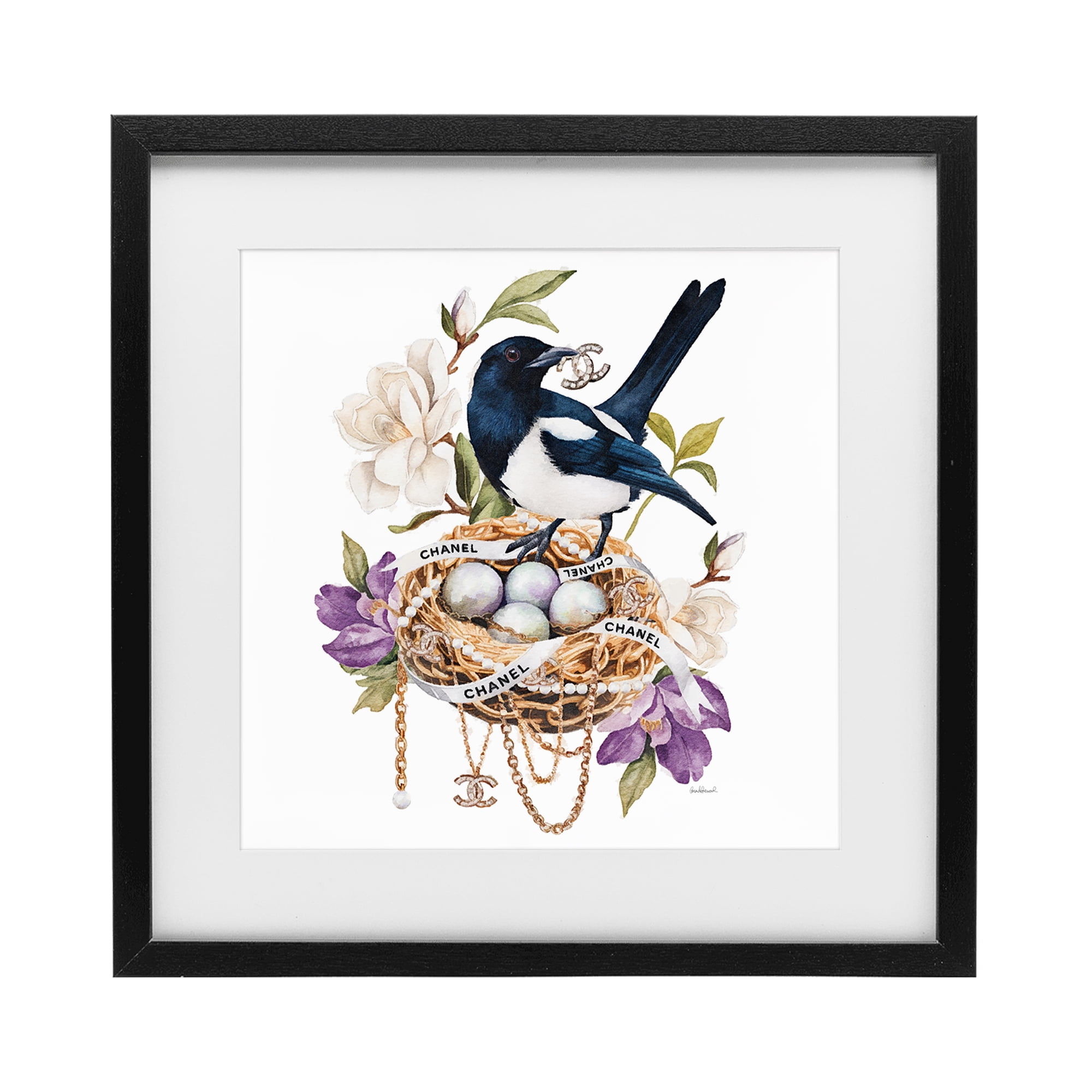 Stupell Industries Glam Birds Nest Magnolia Black Framed Print Under Glass, design by Amanda Greenwood