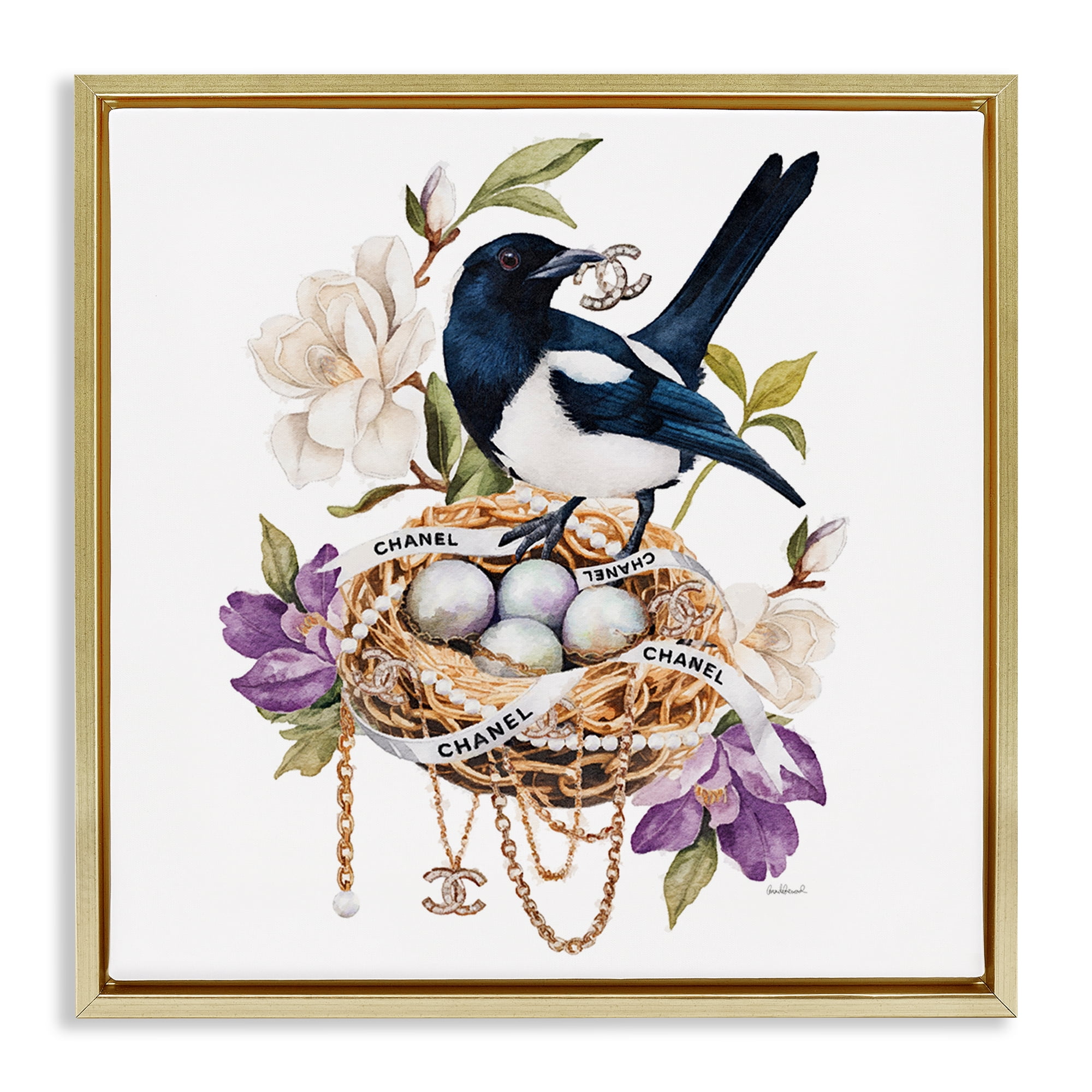 Stupell Industries Glam Birds Nest Magnolia Gold Framed Floater Canvas Wall Art, design by Amanda Greenwood