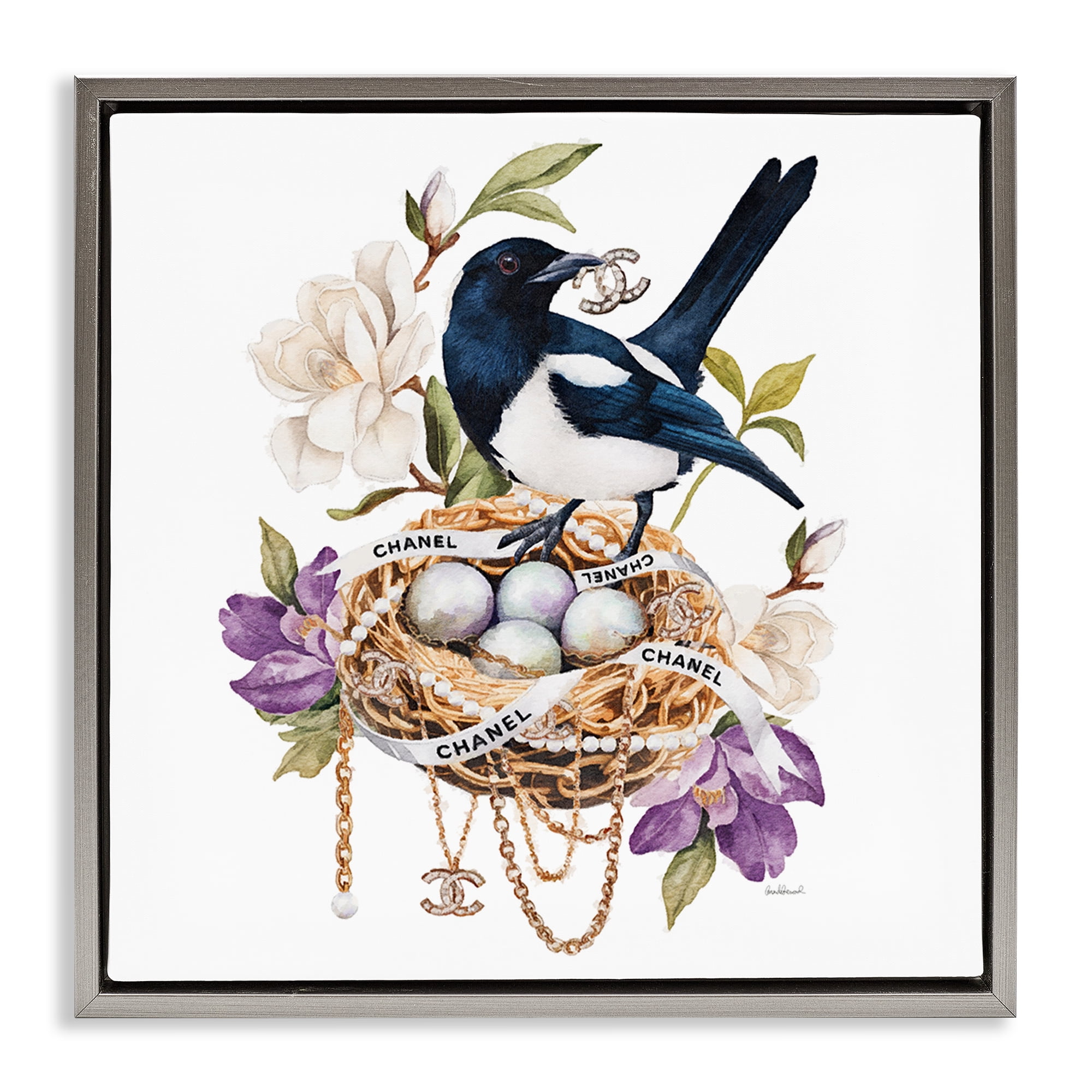 Stupell Industries Glam Birds Nest Magnolia Gray Framed Floater Canvas Wall Art, design by Amanda Greenwood
