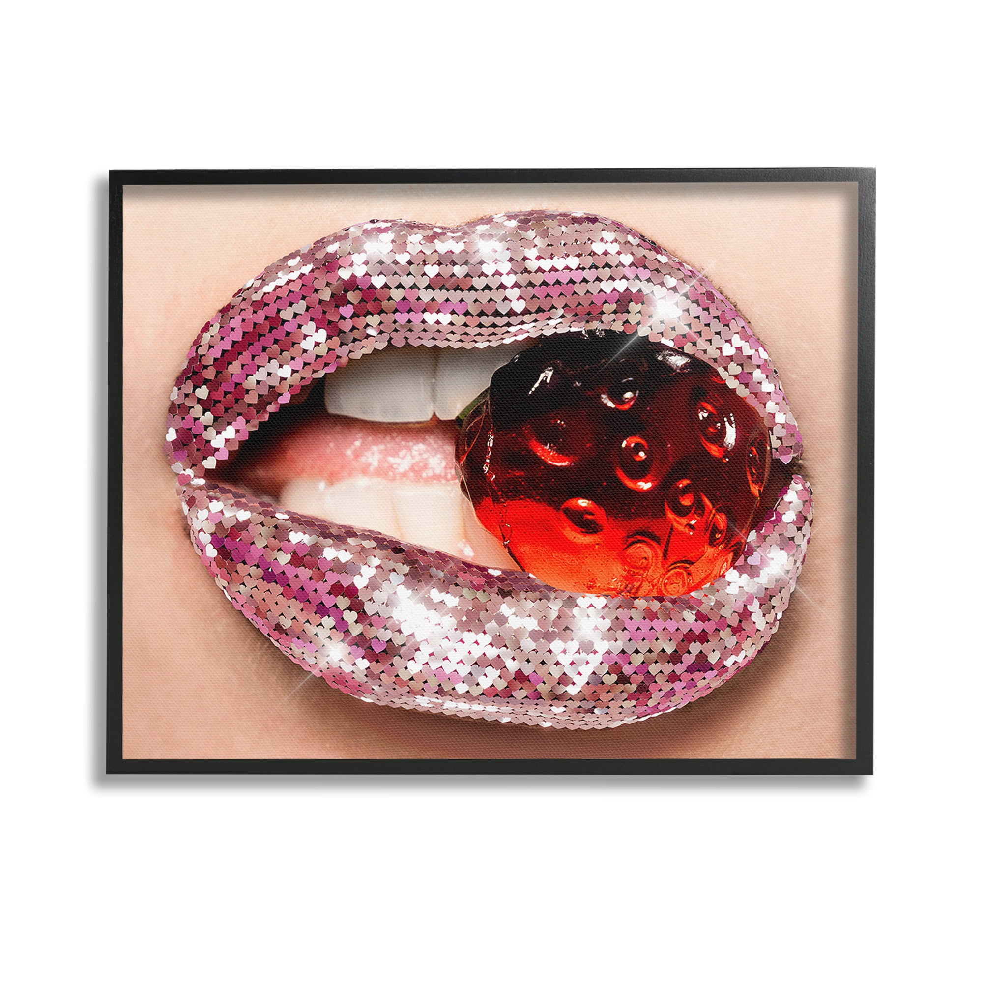 Stupell Industries Glam Biting Candy Novelty Painting Black Framed Art Print Wall Art, 14 x 11
