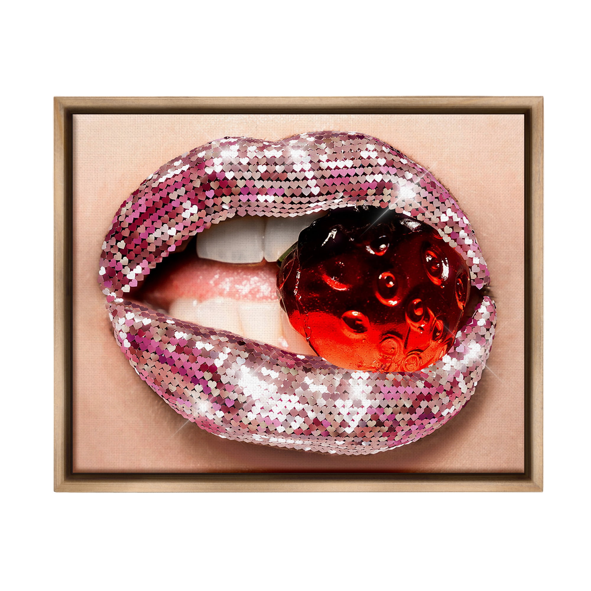 Stupell Industries Glam Biting Candy Novelty Painting Brown Floater Framed Canvas Art Print Wall Art, 31 x 25