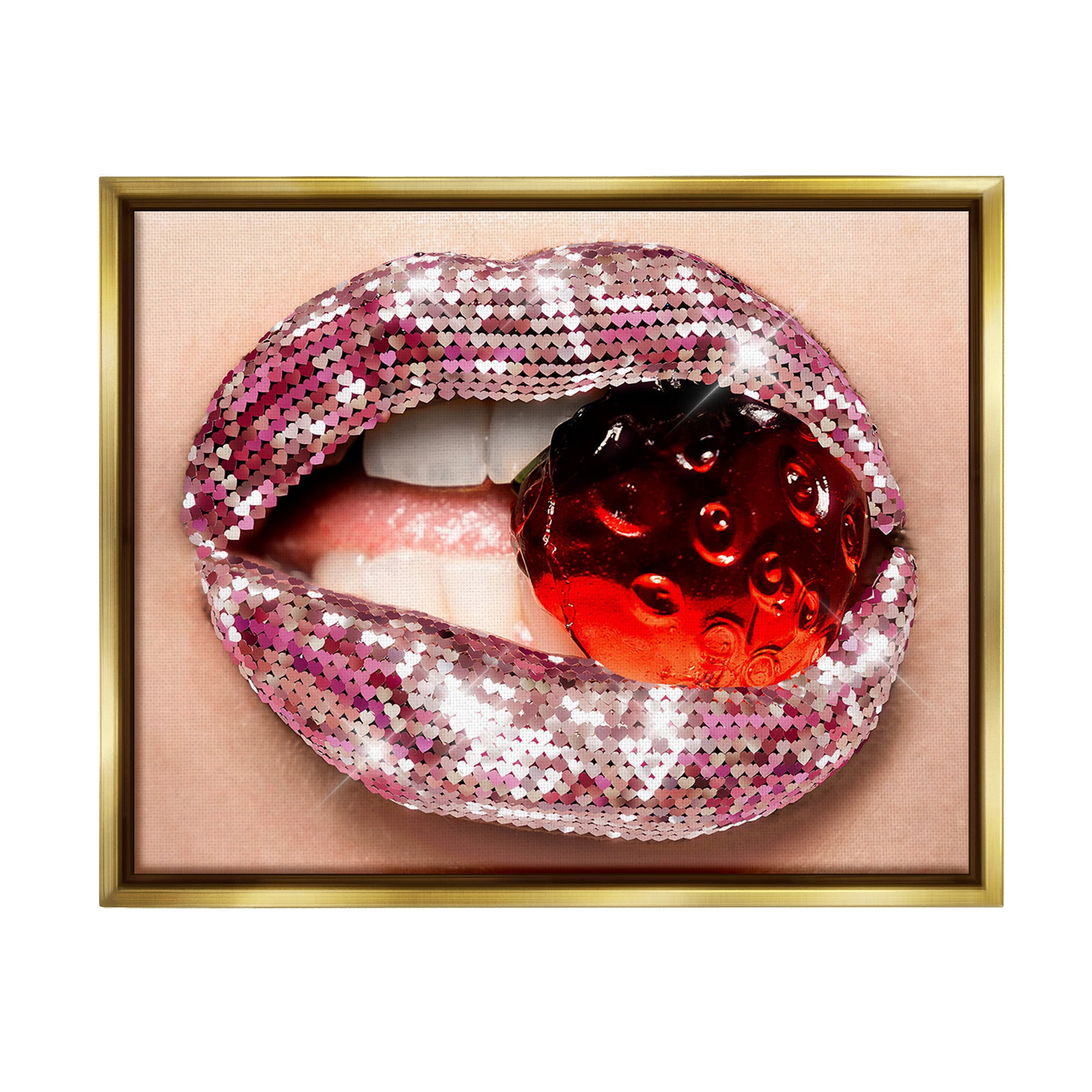 Stupell Industries Glam Biting Candy Novelty Painting Gold Floater Framed Canvas Art Print Wall Art, 21 x 17