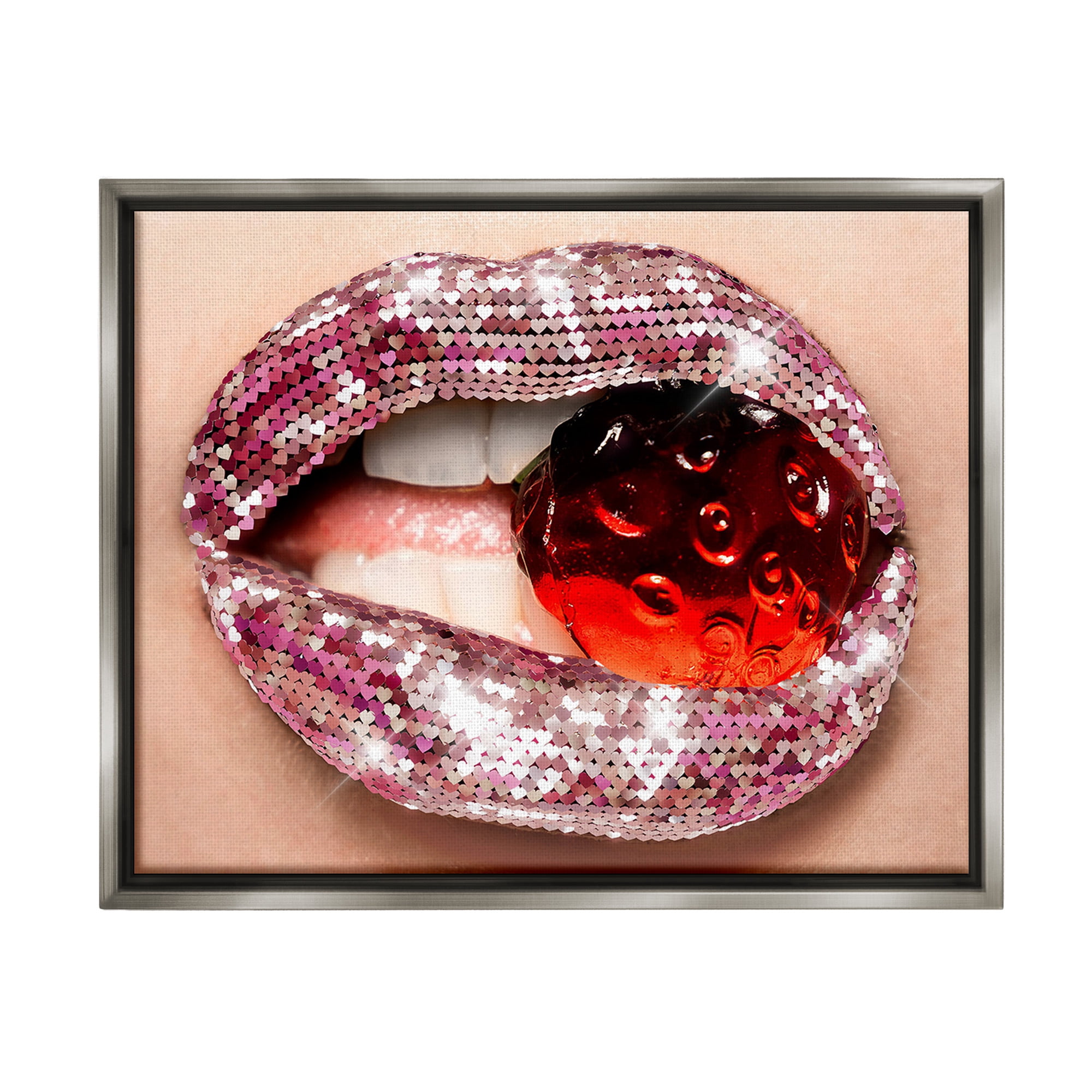 Stupell Industries Glam Biting Candy Novelty Painting Gray Floater Framed Canvas Art Print Wall Art, 21 x 17