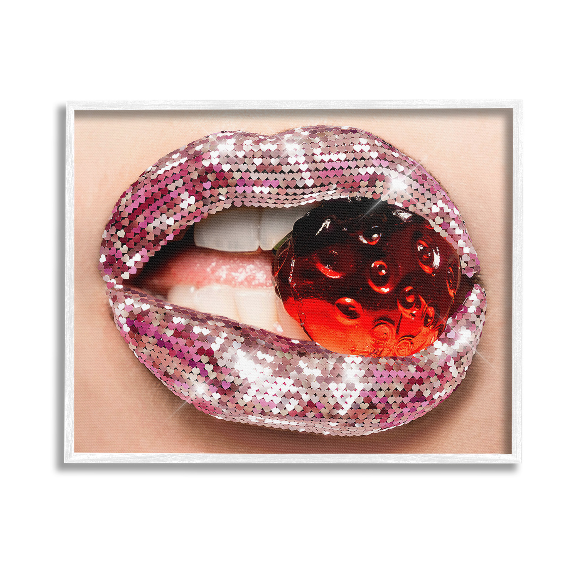 Stupell Industries Glam Biting Candy Novelty Painting White Framed Art Print Wall Art, 14 x 11