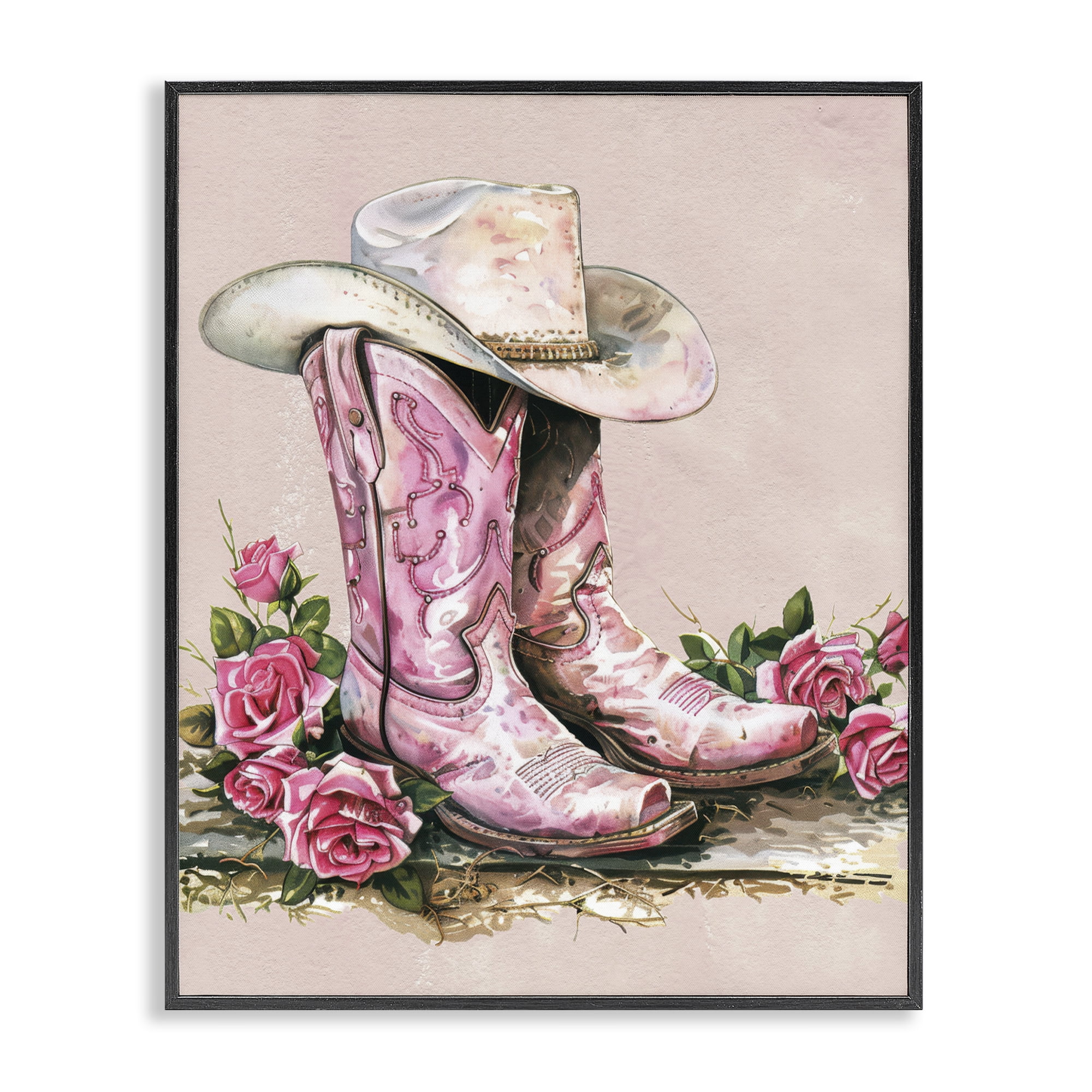 Stupell Industries Glam Bling Cowgirl Boots Plants & Flowers Painting Black Framed Art Print Wall Art, 24 x 30