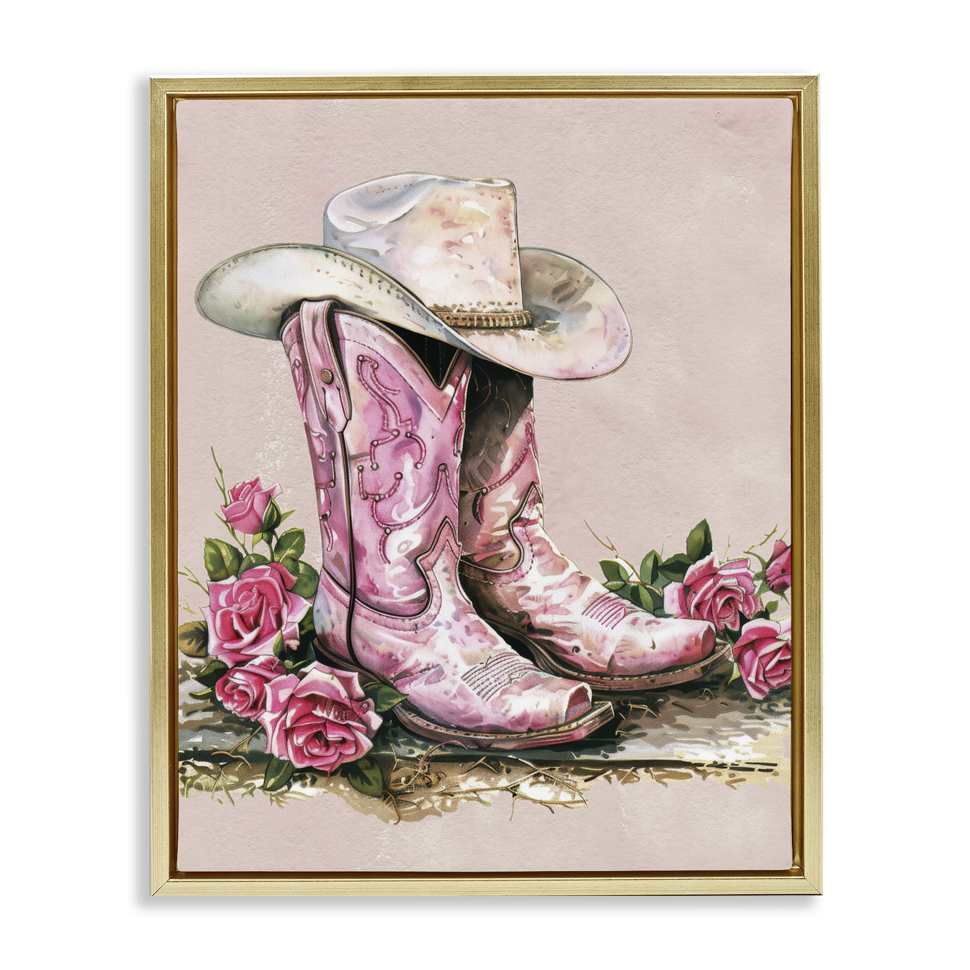 Stupell Industries Glam Bling Cowgirl Boots Plants & Flowers Painting Gold Floater Framed Canvas Art Print Wall Art, 25 x 31