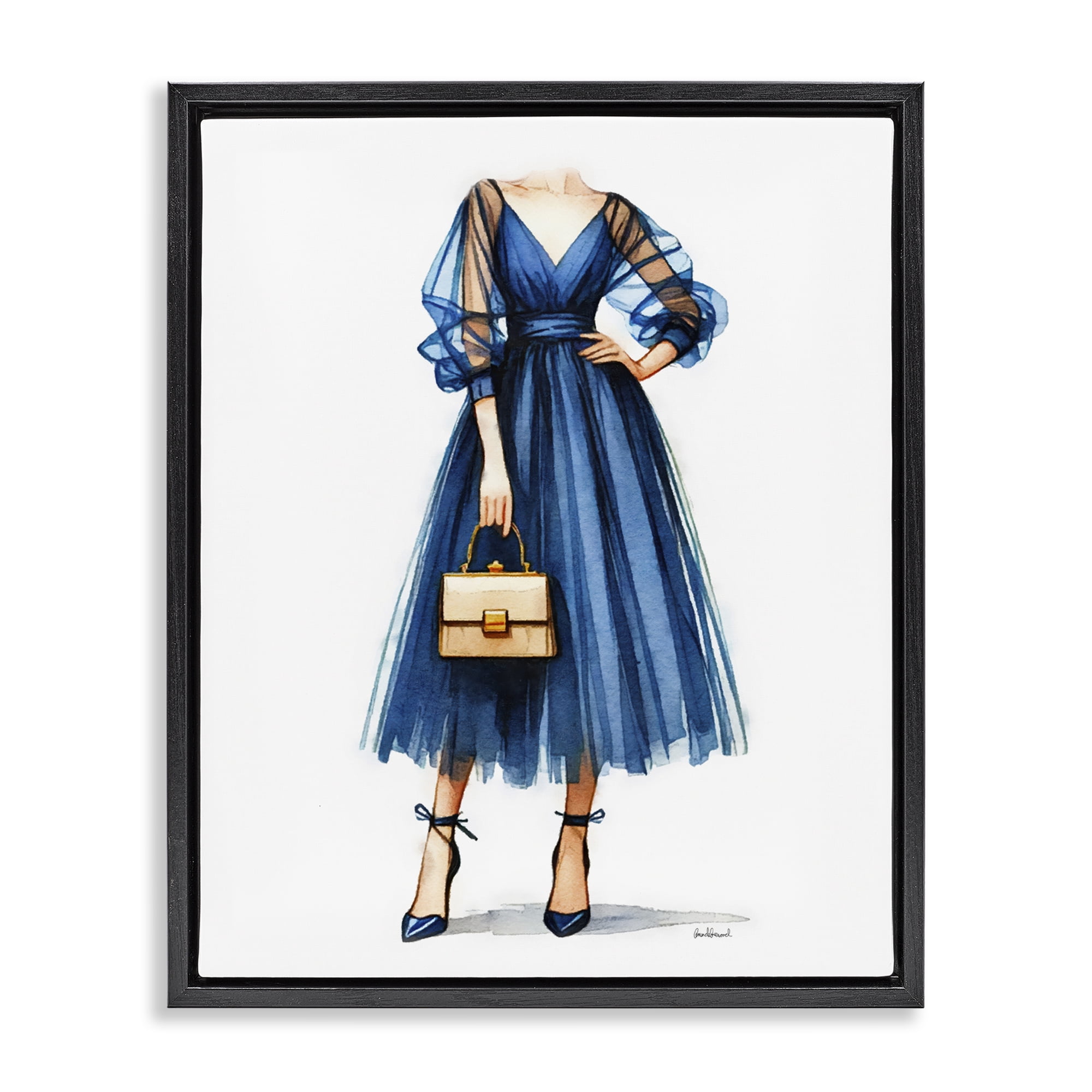 Stupell Industries Glam Blue Fashion Gown Fashion Painting Black Floater Framed Canvas Art Print Wall Art, 17 x 21