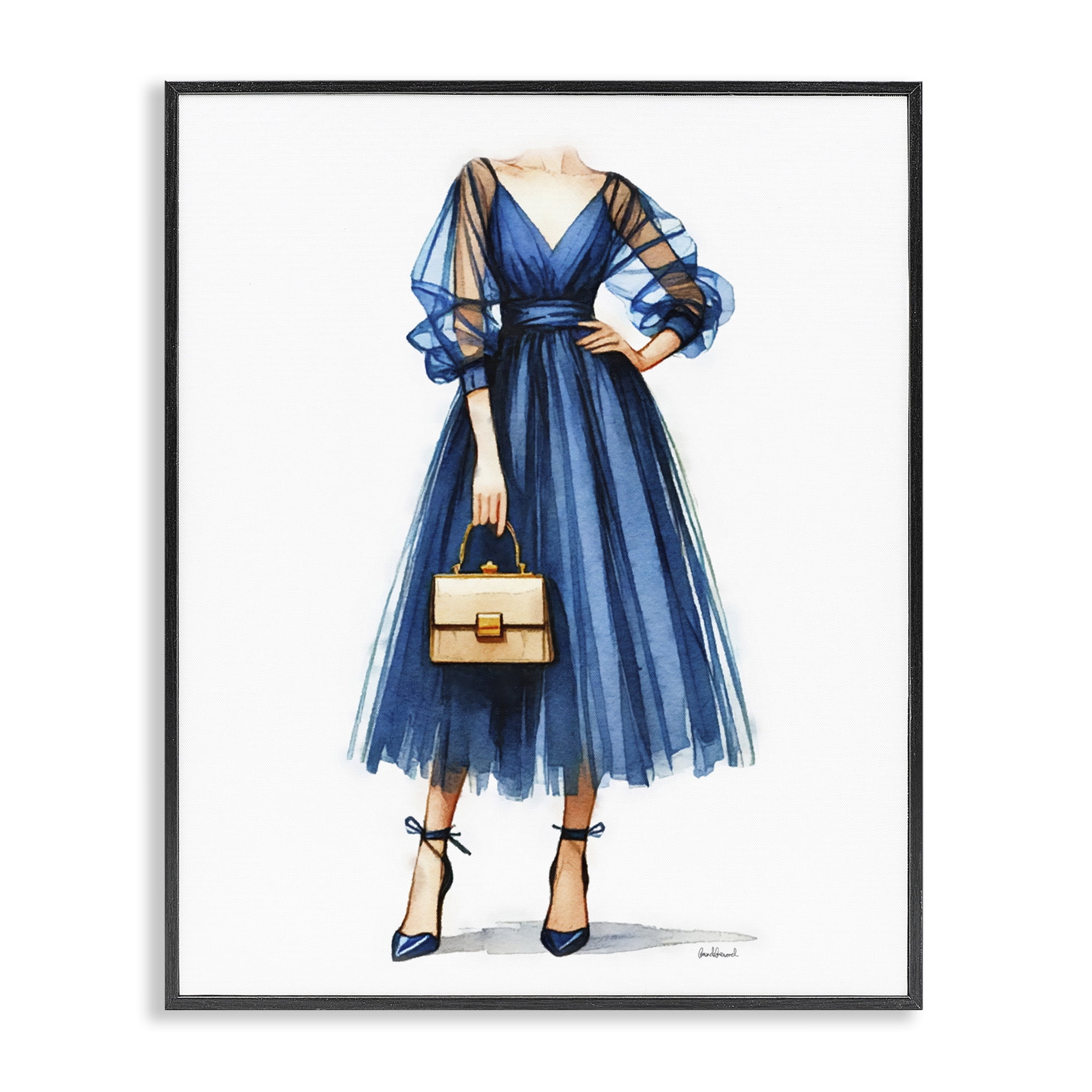 Stupell Industries Glam Blue Fashion Gown Fashion Painting Black Framed Art Print Wall Art, 16 x 20