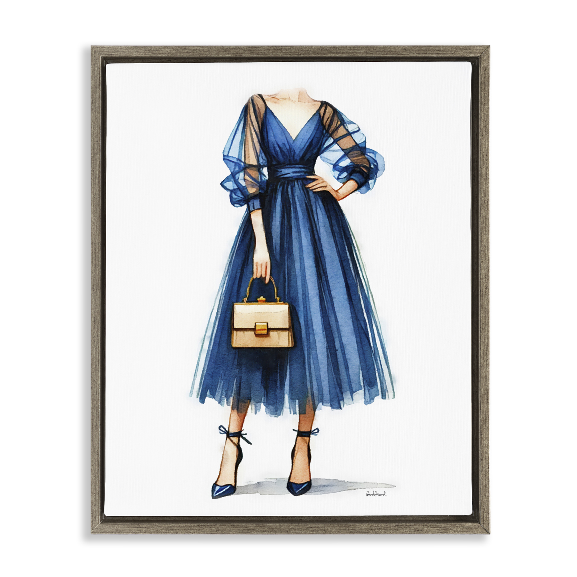 Stupell Industries Glam Blue Fashion Gown Fashion Painting Brown Floater Framed Canvas Art Print Wall Art, 17 x 21
