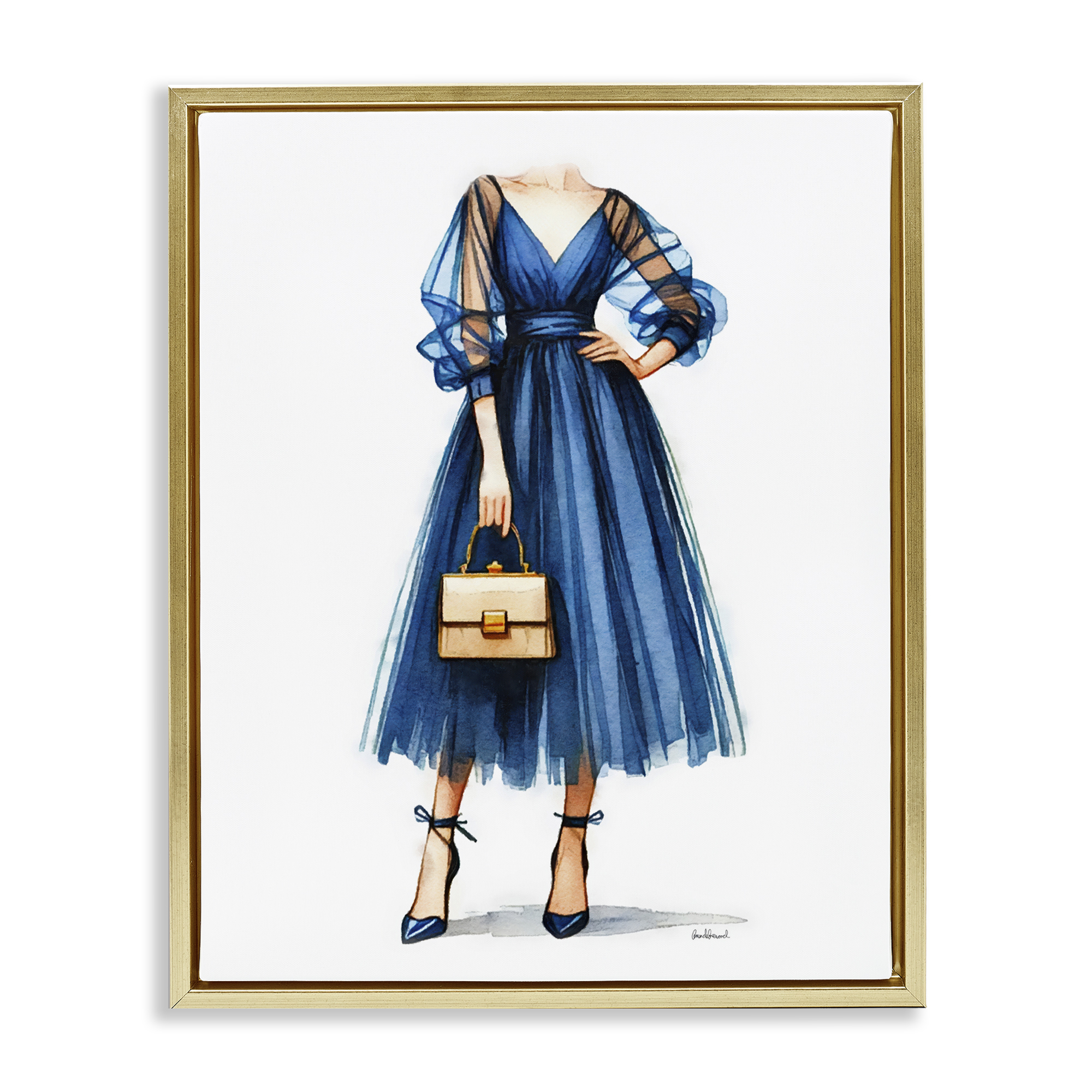 Stupell Industries Glam Blue Fashion Gown Fashion Painting Gold Floater Framed Canvas Art Print Wall Art, 17 x 21