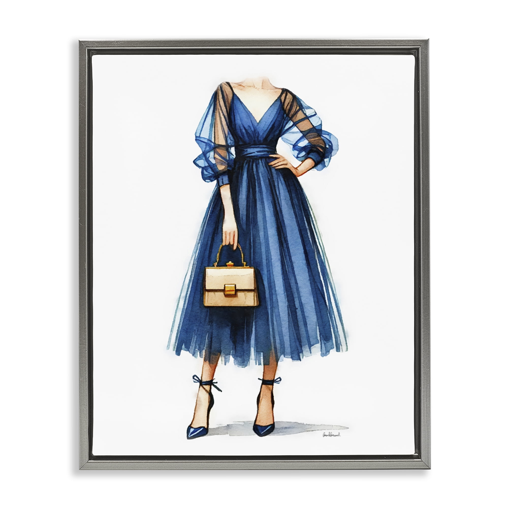 Stupell Industries Glam Blue Fashion Gown Fashion Painting Gray Floater Framed Canvas Art Print Wall Art, 17 x 21